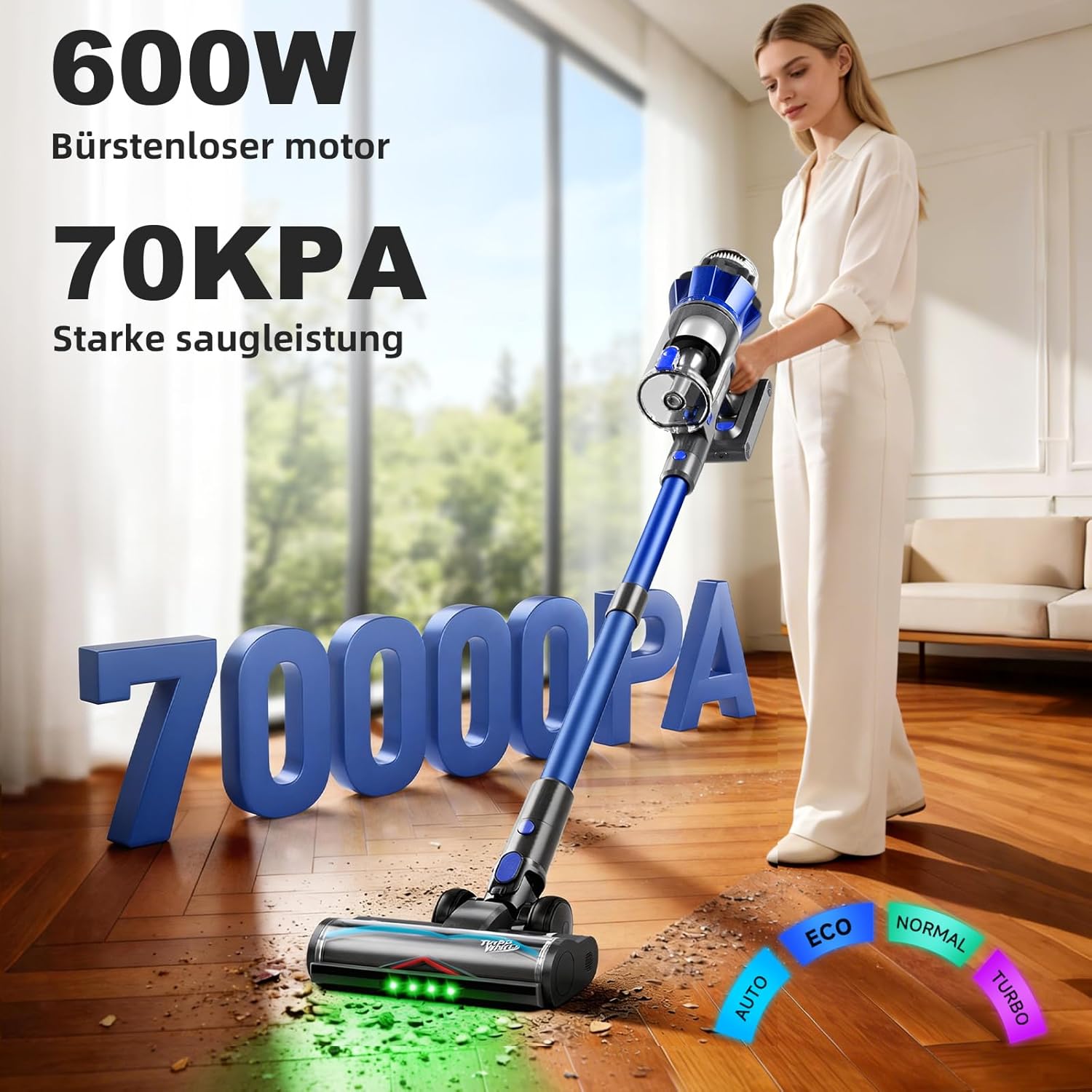 Hearten Akku-Staubsauger, 70.000 Pa/600 W/65 Min., 4 Stufen, Schmutzsensor, 1,8 l, kabelloser Staubsauger mit Farbdisplay, Anti-Haarbürste, 8-Stufen-Filter, Schlauch für Tierhaare/Teppiche/Hartböden/Auto – Bild 3