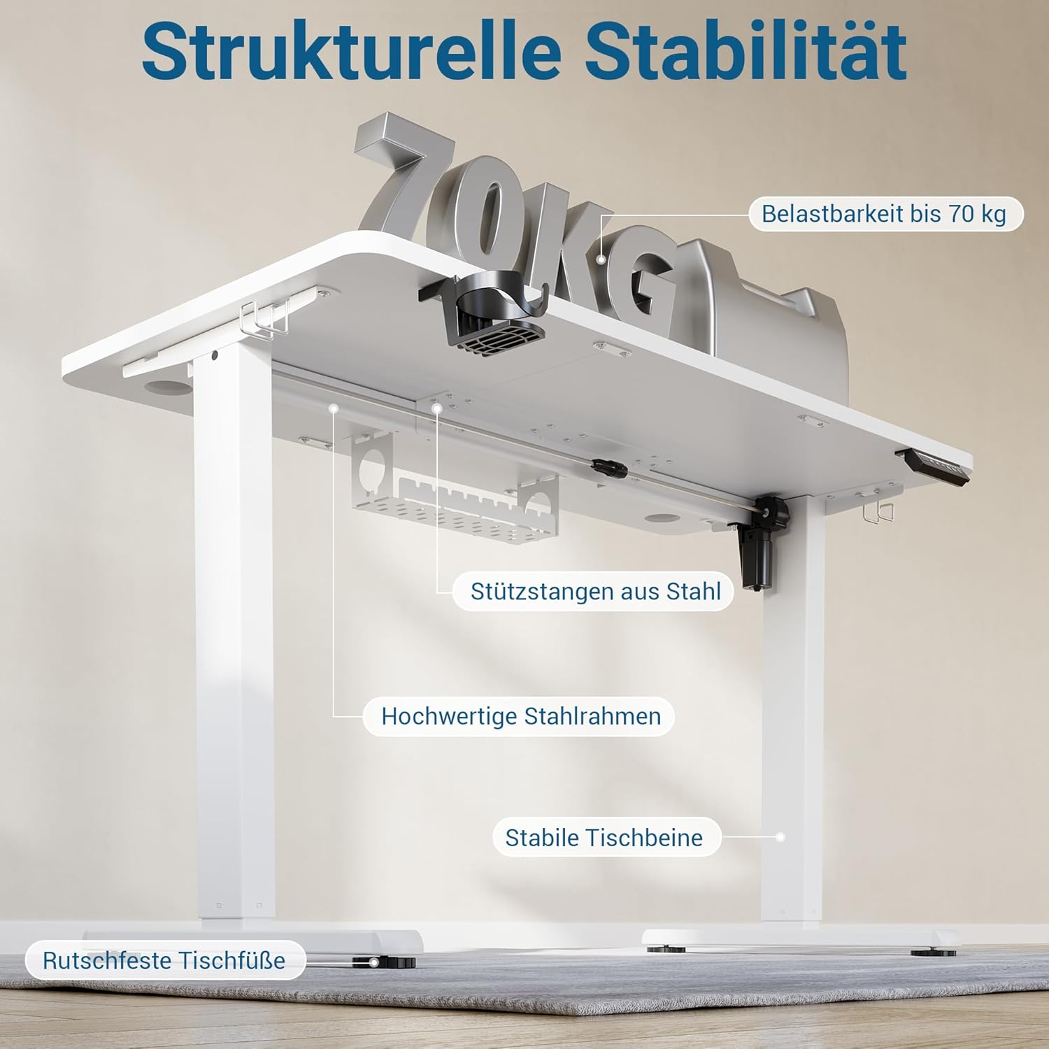 Höhenverstellbarer Schreibtisch, elektrischer Stehpult, Büro-Computertisch mit USB-C-Ladeanschluss und Memory-Funktion, Weiß Pro, 120 x 60 cm – Bild 7