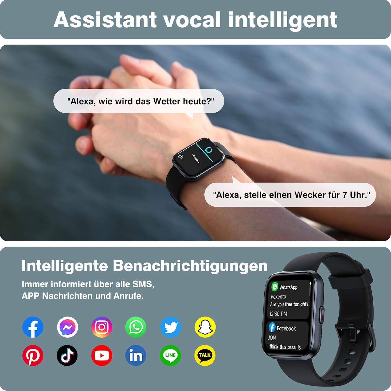 Smartwatch Herren Damen 1,85 Zoll Smartwatch mit Telefonfunktion/WhatsApp, Fitnessuhr Herren mit Herzfrequenz-/Schlafmonitor, 10-Tage-Akku, 3ATM wasserdichter Herzfrequenzmesser für Samsung/iOS/Android/Alexa – Bild 4