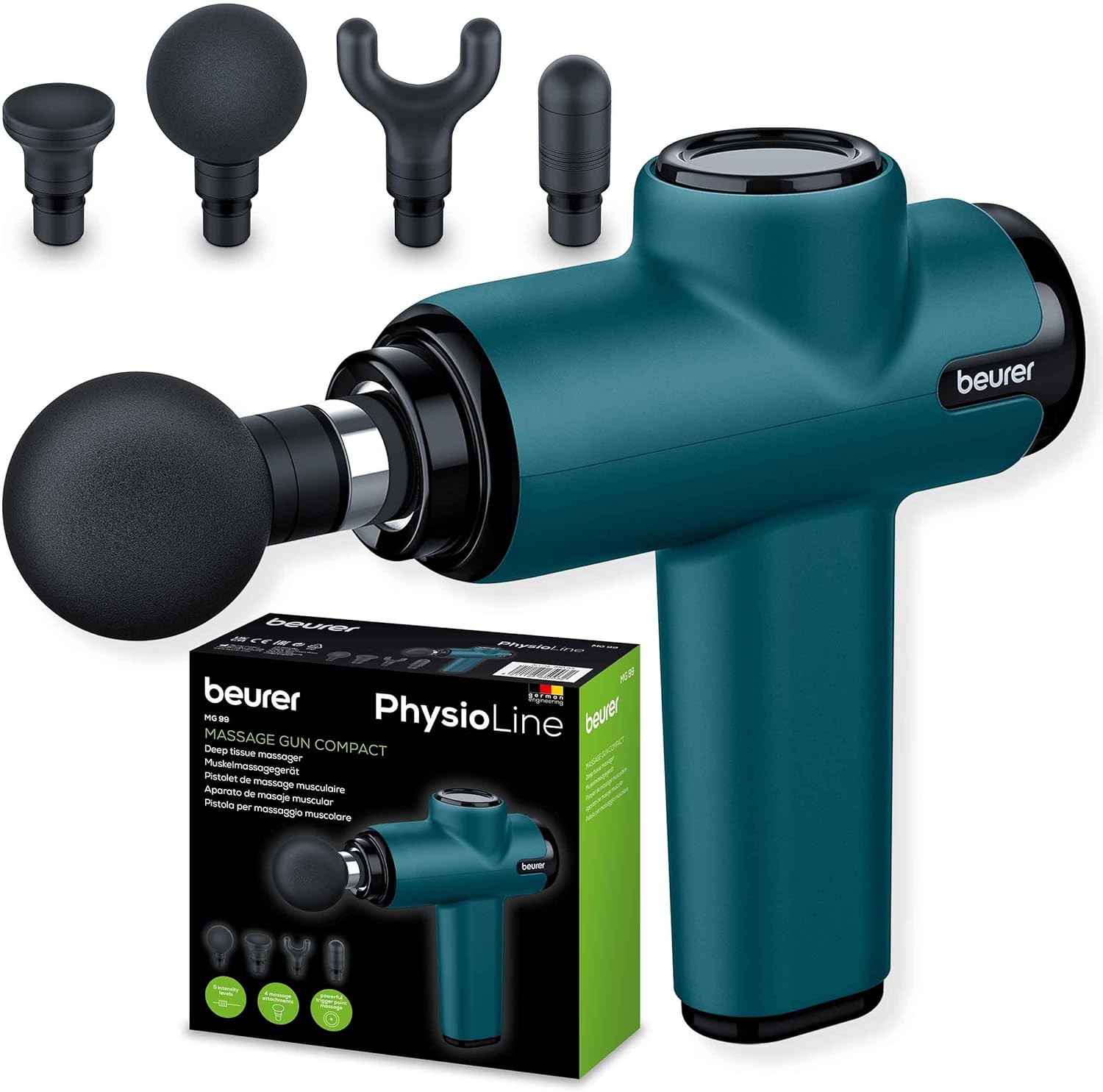 Beurer MG 99 Massagepistole, handliche Massagepistole mit 4 Aufsätzen, kraftvolle Triggerpunktmassage, entspannende Verspannungen, kompaktes Muskelmassagegerät mit 5 Intensitätsstufen & Akku