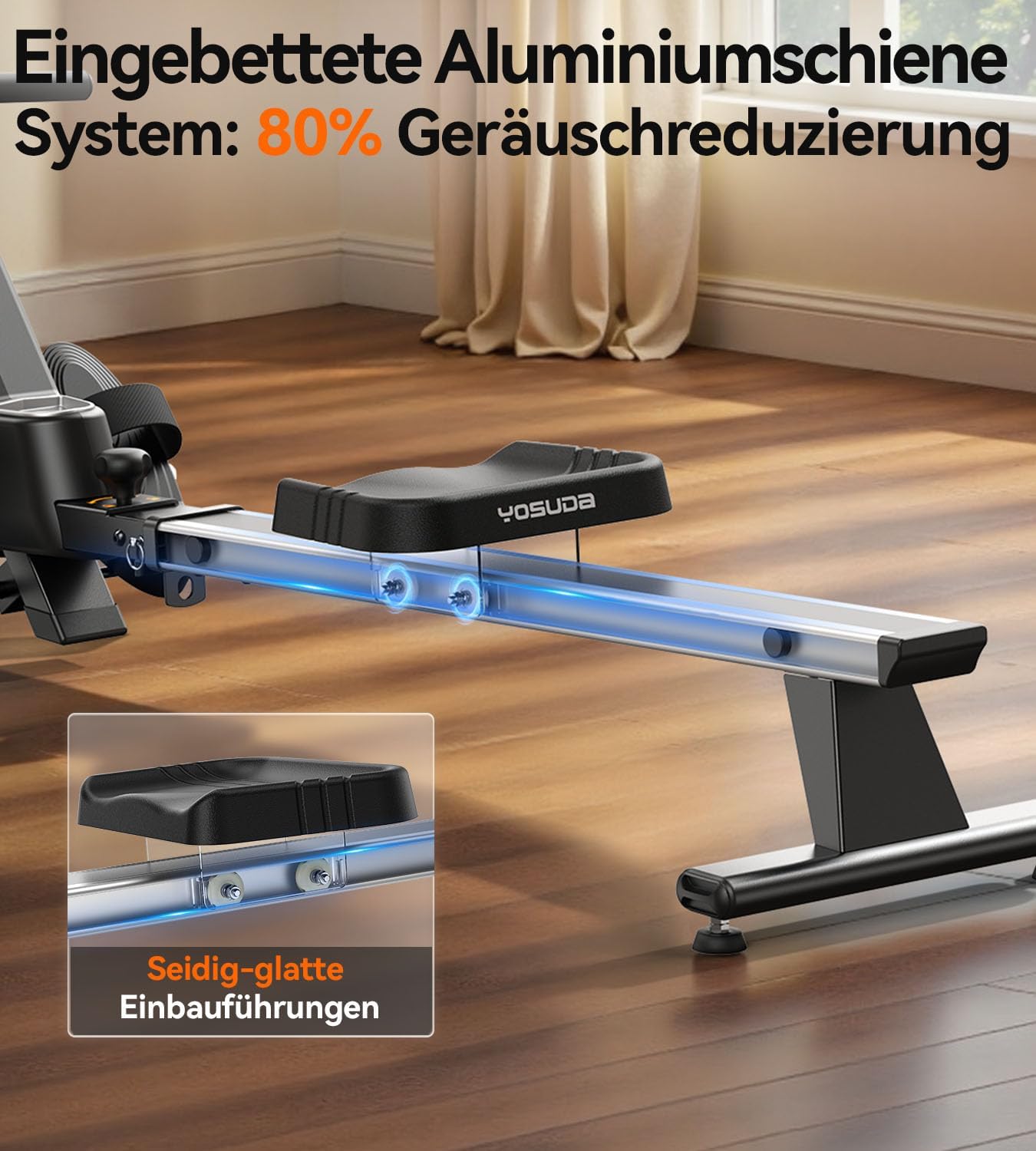 YOSUDA Upgrade Rudergerät für zu Hause, 16 dynamische Widerstände, für große bis zu 181 kg, ultraleiser Magnet, Komfortsitz, Bluetooth/App, Aluminiumschiene, Flaschenhalter, 90 % vormontiert, Rudergerät – Bild 5