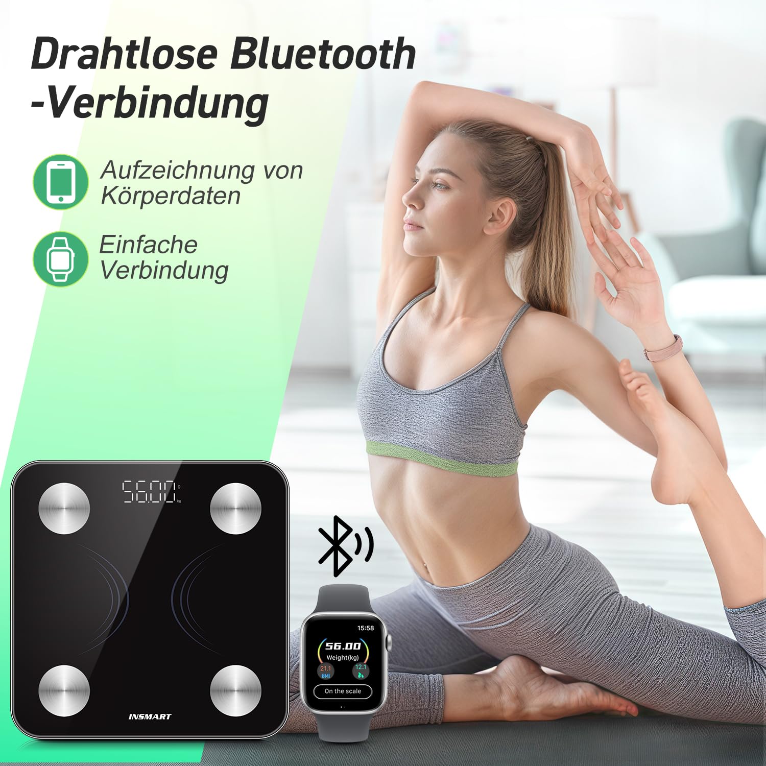 INSMART Digitale Personenwaage mit Bluetooth, Körperanalysewaage, Körperfettwaage für BMI, Gewicht, Pulsschlag, Wasser, Protein, Körperfett und Muskelmasse, 180 kg / 400 lbs, Graphitschwarz – Bild 6