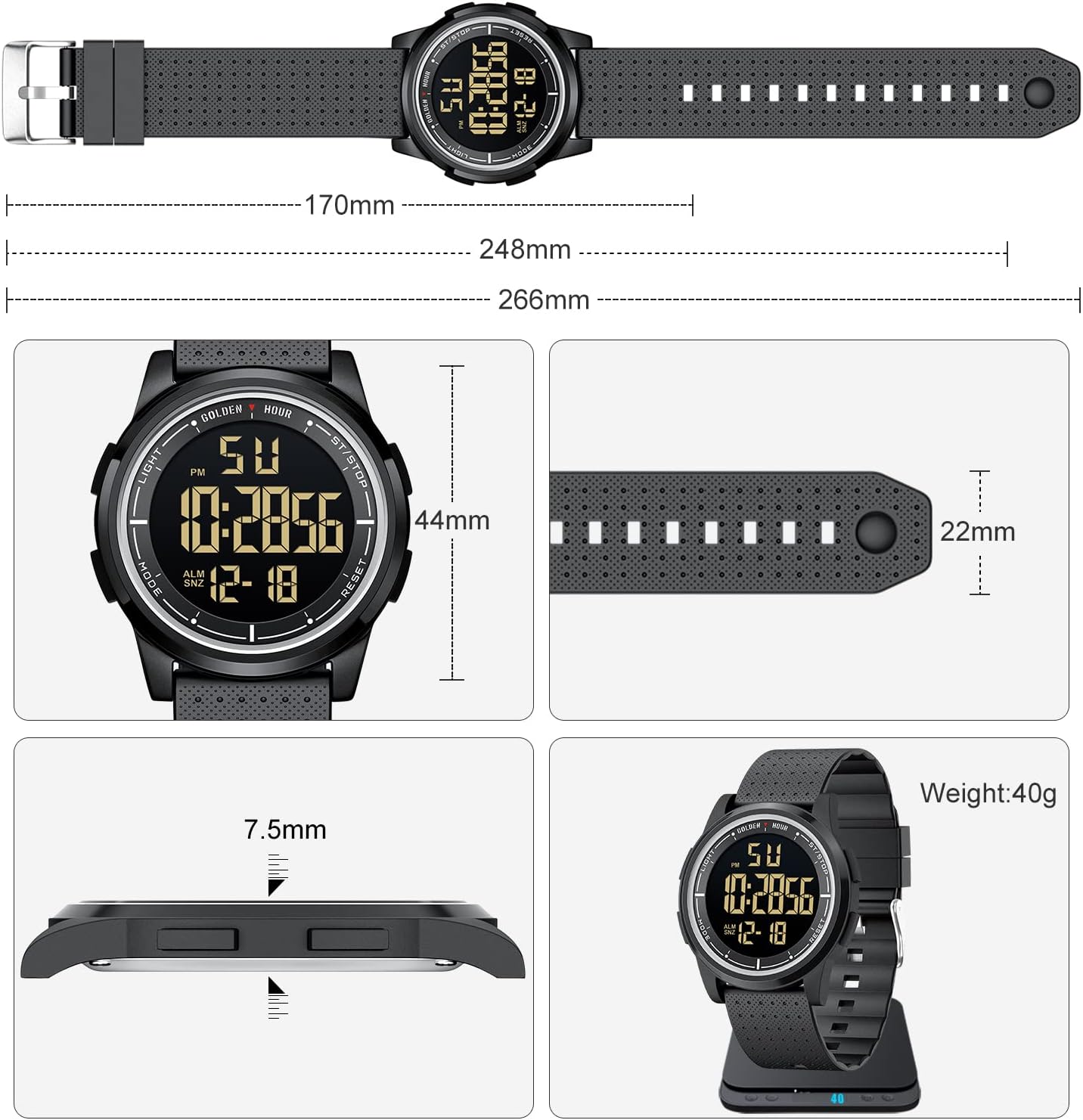 GOLDEN HOUR Sportuhr, ultradünne, minimalistische, wasserdichte Digitaluhren für Herren mit Weitwinkel-Metallgehäuse, hellem Display, Kautschukarmband, Uhr für Herren/Damen – Bild 5
