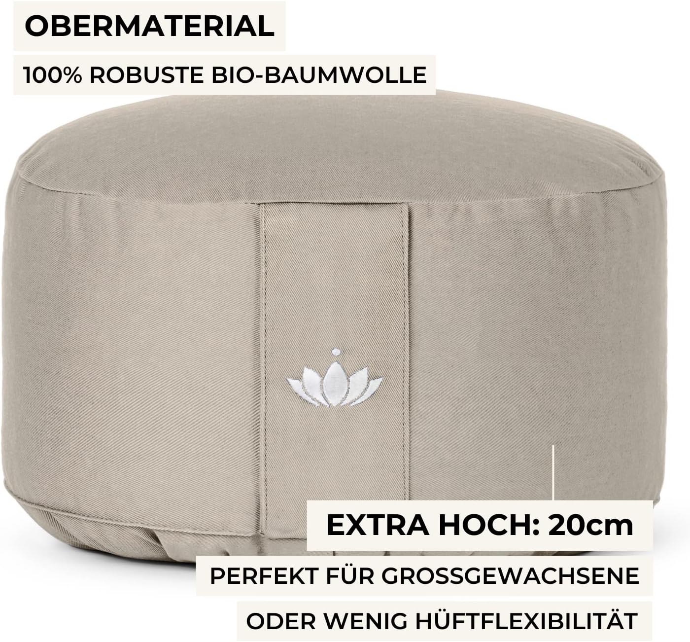 Lotuscrafts Meditationskissen extra hoch mit 20 cm Sitzhöhe, Yogakissen mit Dinkelfüllung, rundes Yogakissen, rundes Bodenkissen, Meditationskissen, waschbarer Bezug, GOTS zertifiziert – Bild 2