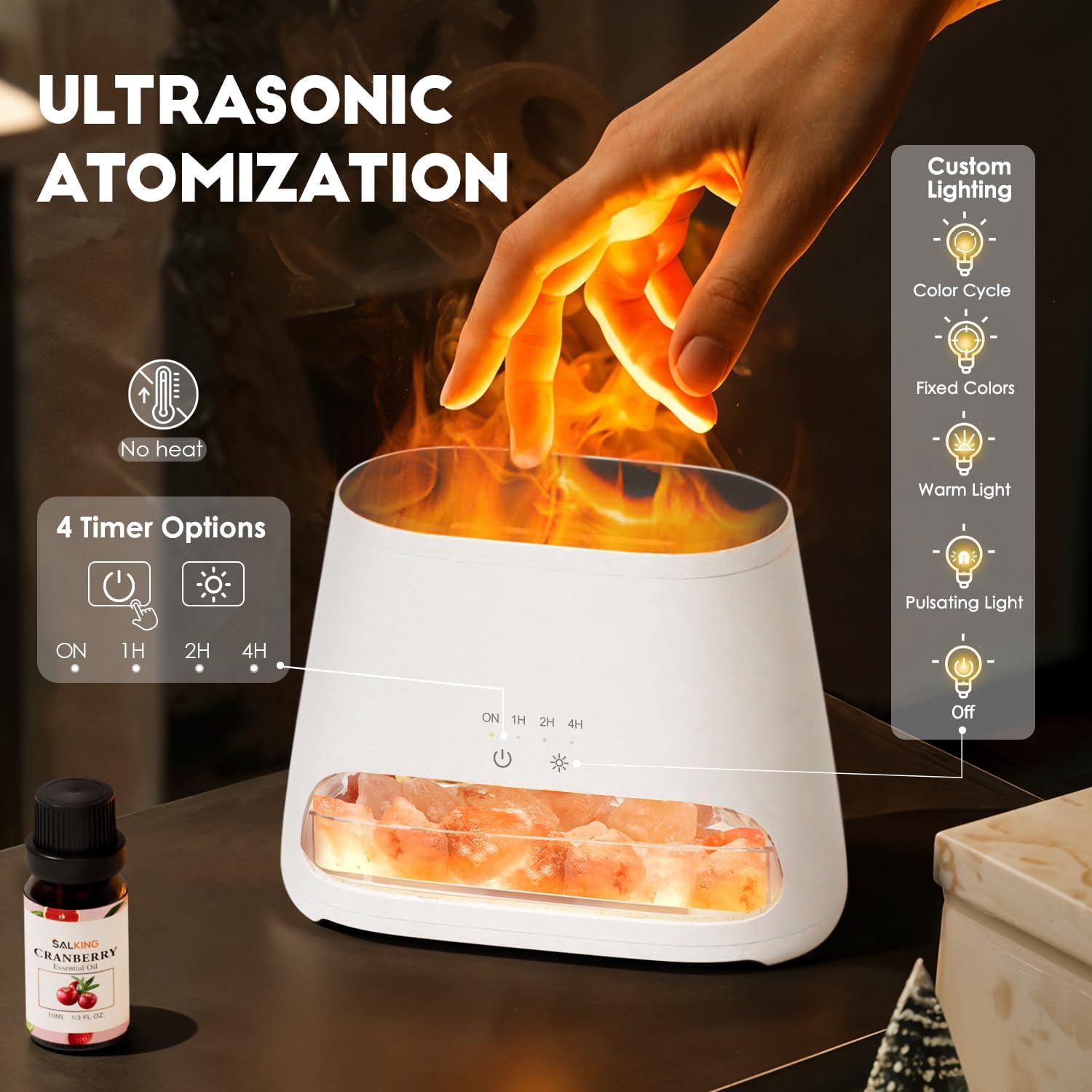 SALKING Aroma-Diffusor mit Salt Range Pakistan Light, 7 Farben LED-Flammeneffekt-Diffusor für ätherische Öle, Ultraschall-Aromatherapie-Luftbefeuchter, automatische Abschaltung, 150 ml (RGB-Weiß) – Bild 5