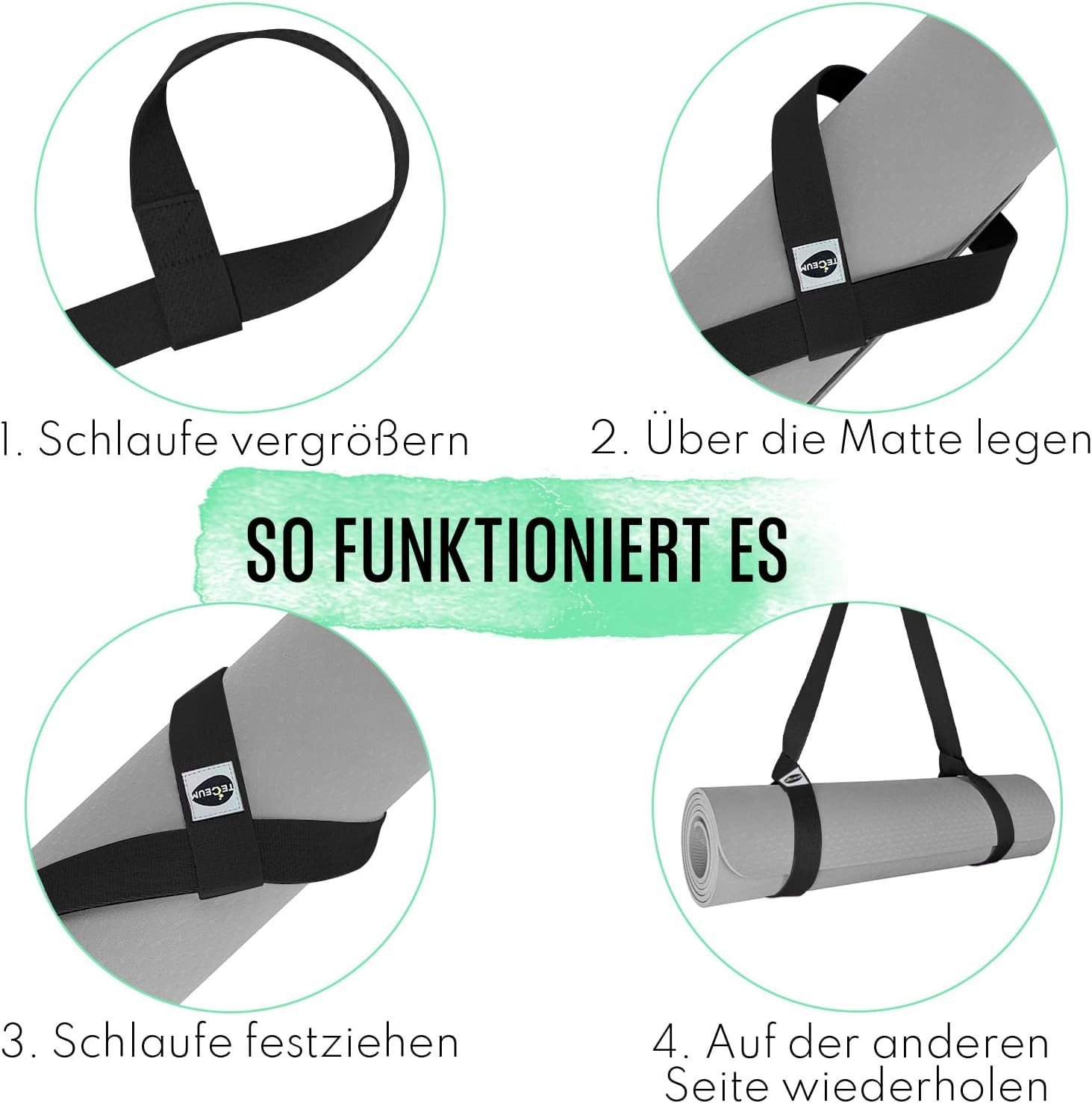 TECEUM Premium Yogamatte Tragegurt – Extra Weich & Dick aus Baumwolle – Hautfreundlich & Rutschfest – Verstellbarer Mattenhalter Yoga Mat Strap für alle Matten (Matte nicht enthalten) – Bild 5