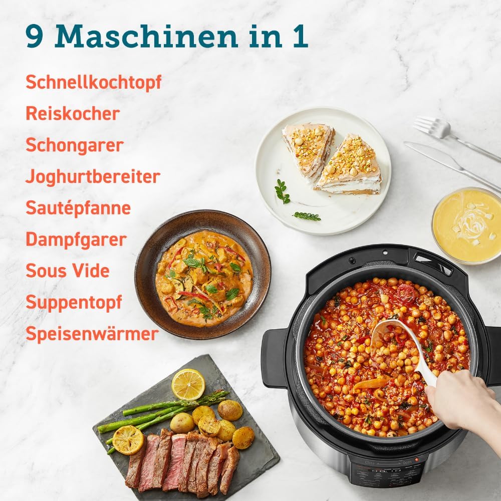 COSORI Schnellkochtopf, Keramikbeschichtung, 9-in-1, Multikocher mit 14 Funktionen, Schnellkochtopf 5,7 l, Reiskocher, Dampfgarer, Joghurtbereiter, Slow Cooker und Sous Vide, Rezeptbuch, Edelstahl – Bild 3