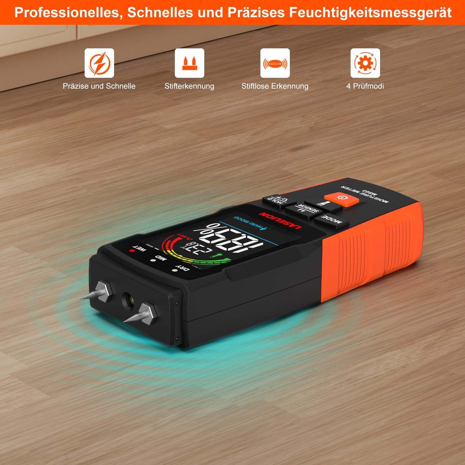 2-in-1-Feuchtemessgerät mit Stift- und Pinnless-Modus – für Holz, Beton, Trockenbau, Pappe und mehr – LCD-Display, Haltefunktion, Taschenlampe, automatische Abschaltung MS03 – Bild 6