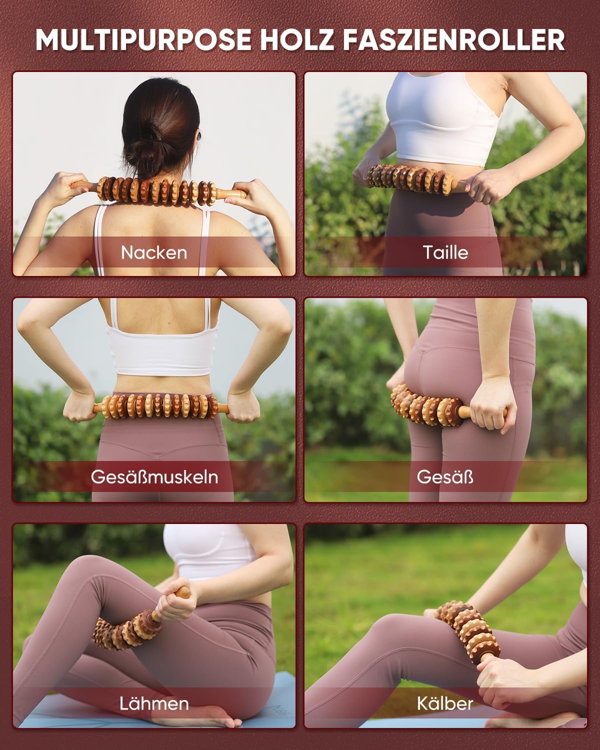Faszienrolle Holzmassagegerät, Faszienstabrolle Holz, Massagerolle mit Griff, Massageholz Anti-Cellulite-Massagegerät, für Maderotherapie und Lymphdrainage 42,2 cm 350 g Buche – Bild 3
