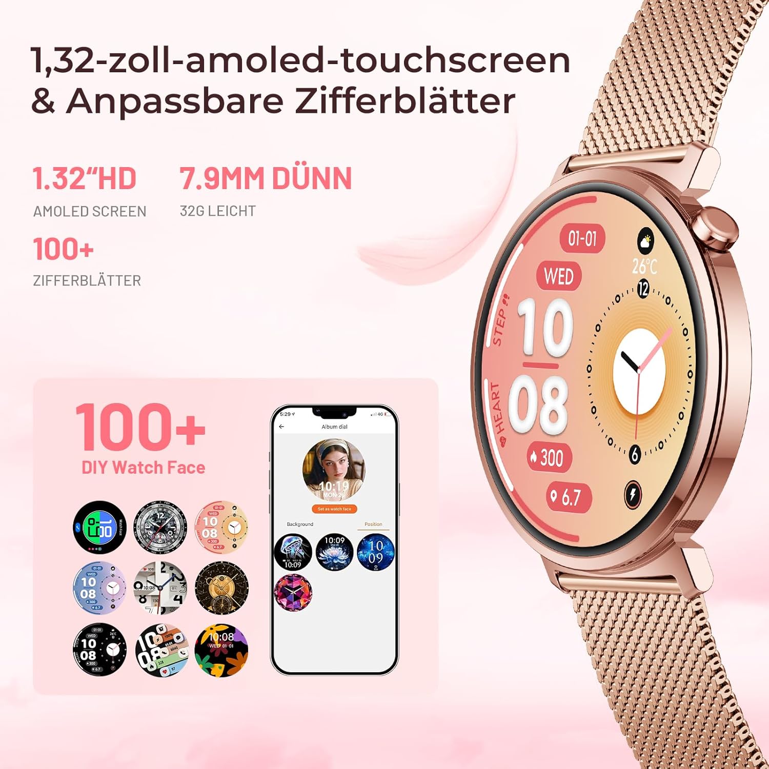 Damen-Smartwatch mit Telefonfunktion, 7,9 mm ultradünn, 1,32 Zoll AMOLED (1000 Nits/466 x 466), Fitnessuhr mit 2 Armbändern, 100+ Sportmodi, SpO2/Puls/Schlafmonitor, IP68 wasserdicht, iOS Android, Roségold – Bild 2