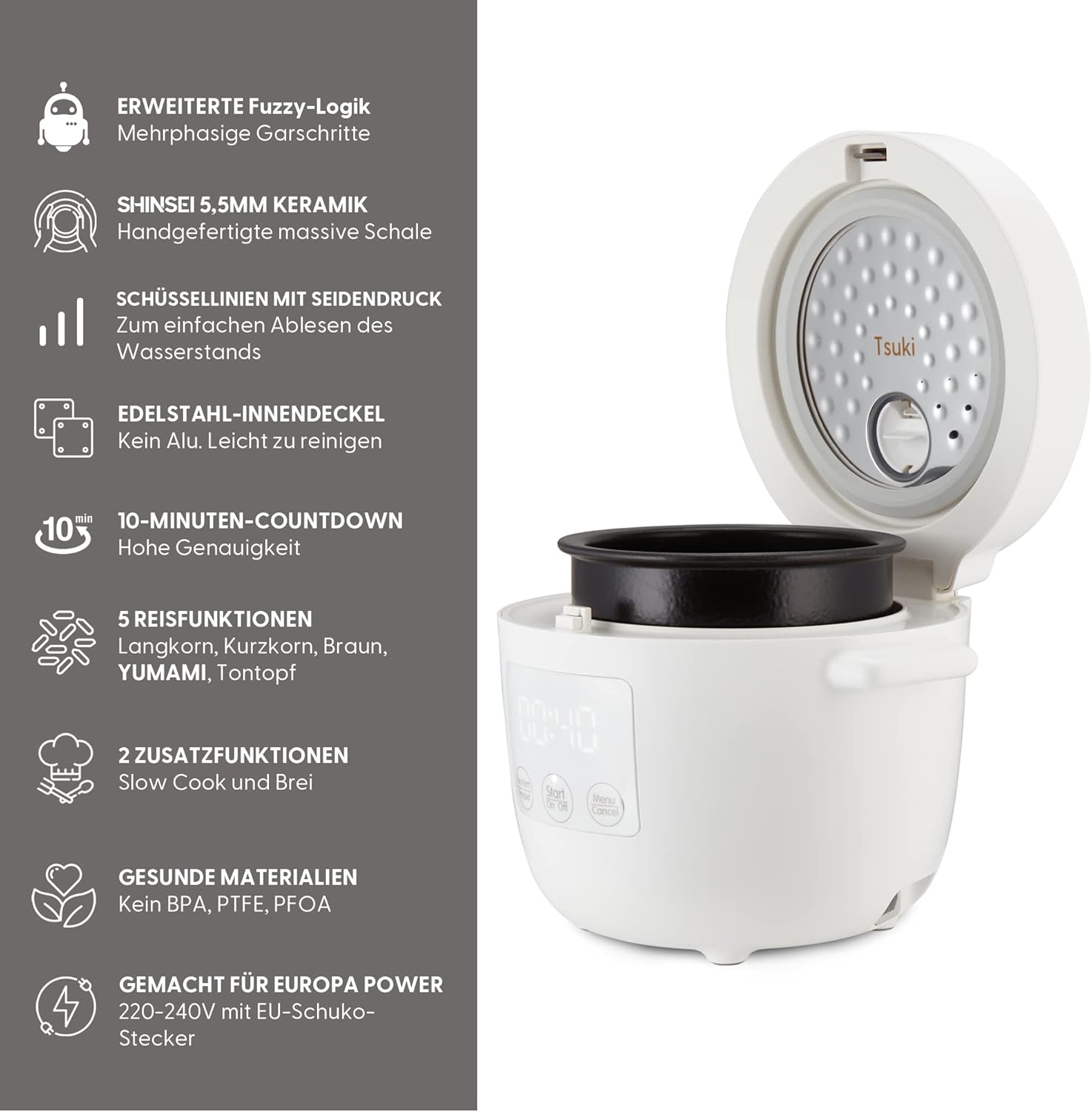 Yum Asia Tsuki Mini-Reiskocher mit Shinsei-Keramikschüssel (2,5 Tassen, 0,45 Liter), 5 Reiskochfunktionen, 2 Multicooker-Funktionen, versteckte LED-Anzeige, 220–240 V (Kieselweiß) – Bild 3
