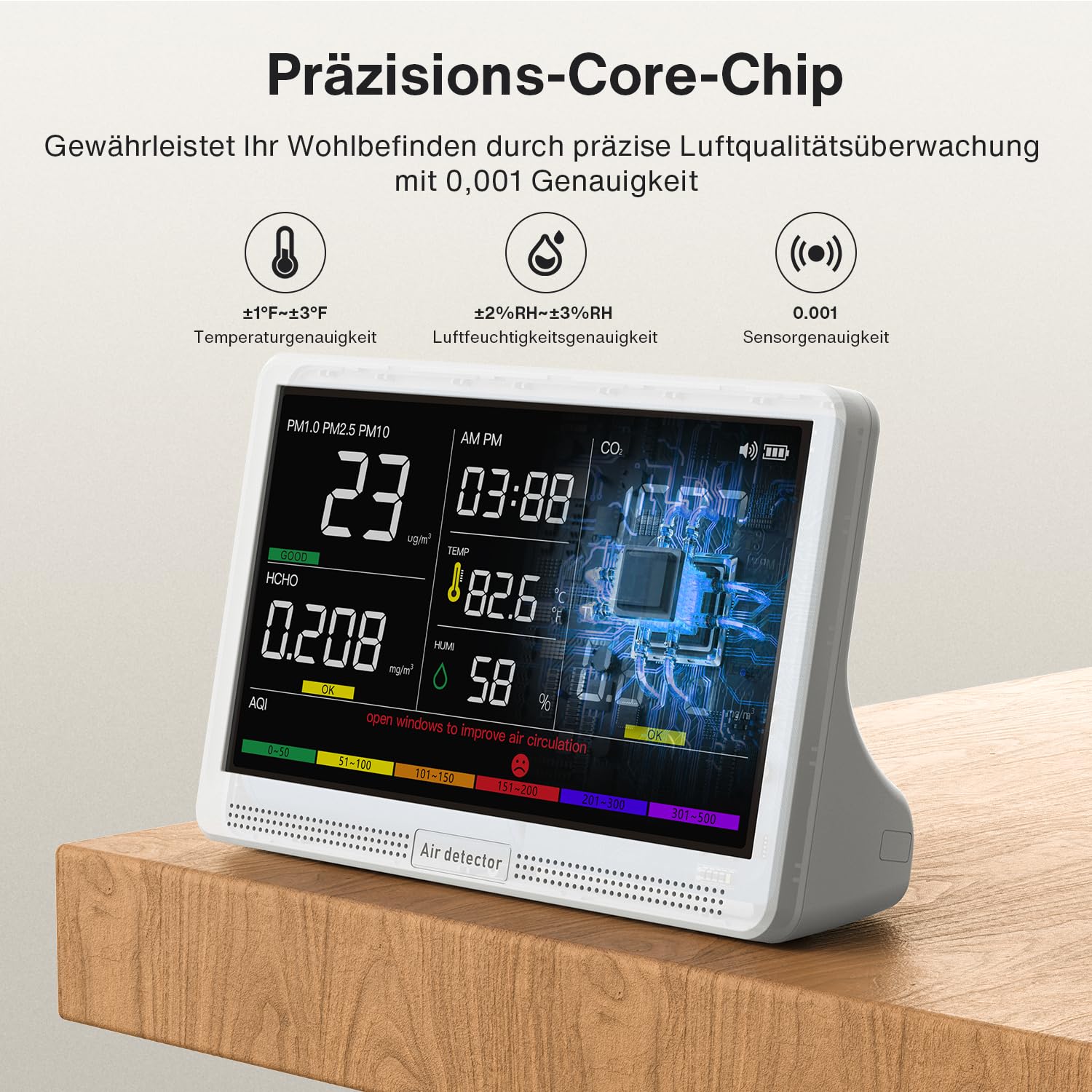 bonoch 16-in-1 Luftqualitätsmessgerät, Luftmessgerät, 9 AQI + 7 AQI-Warnungen, Luftqualitätsmonitor für CO2, TVOC, PM2,5, PM1,0, PM10, HCHO, Temperatur, Luftfeuchtigkeit, AQI und Zeit, Luftqualitätsmonitor – Bild 7