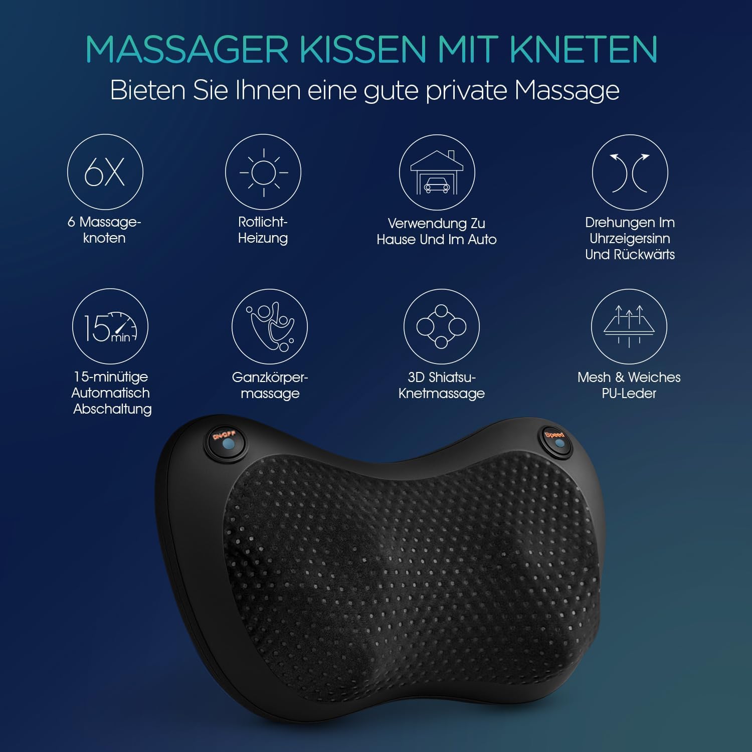 Rücken- und Nackenmassagegerät, Shiatsu-Nackenmassagekissen mit Wärme, 6 rotierende Knoten für Taille, Beine, Fuß, Körperschmerzlinderung, Entspannung zu Hause, im Büro, im Auto YZ100 – Bild 2