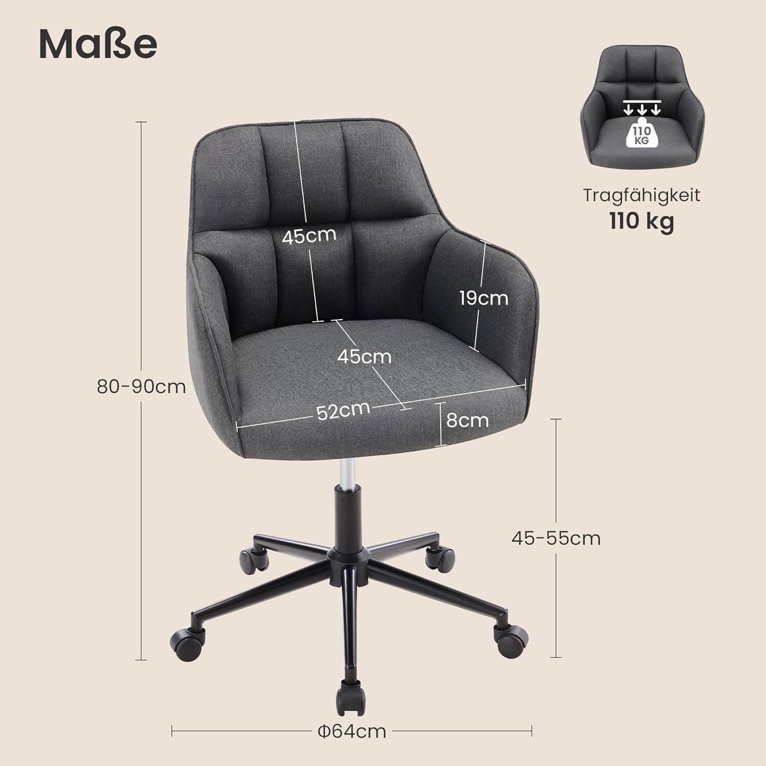 YOUDENOVA Schreibtischstuhl, Drehstuhl mit Rollen, Schminkstuhl Höhenverstellbar, Homeoffice Stuhl, Bürostuhl Ergonomisch, Vanity Chair für Mädchen Arbeitszimmer Schlafzimmer Büro, Leinen Dunkelgrau – Bild 2