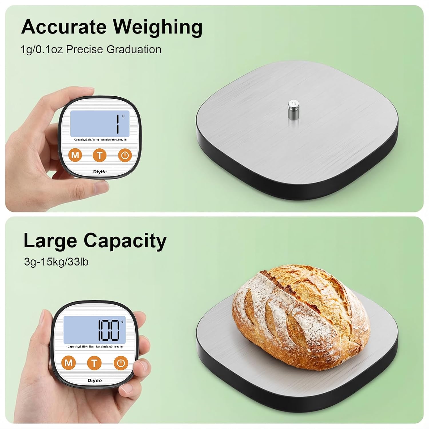 Diyife Aufladende digitale Küchenwaage 15 kg mit geteiltem LCD-Display, Grammwaage hochpräzise 1 g, Lebensmittelwaage aus 304 Edelstahl, 7 Einheiten, abgerundetes Design – Bild 5