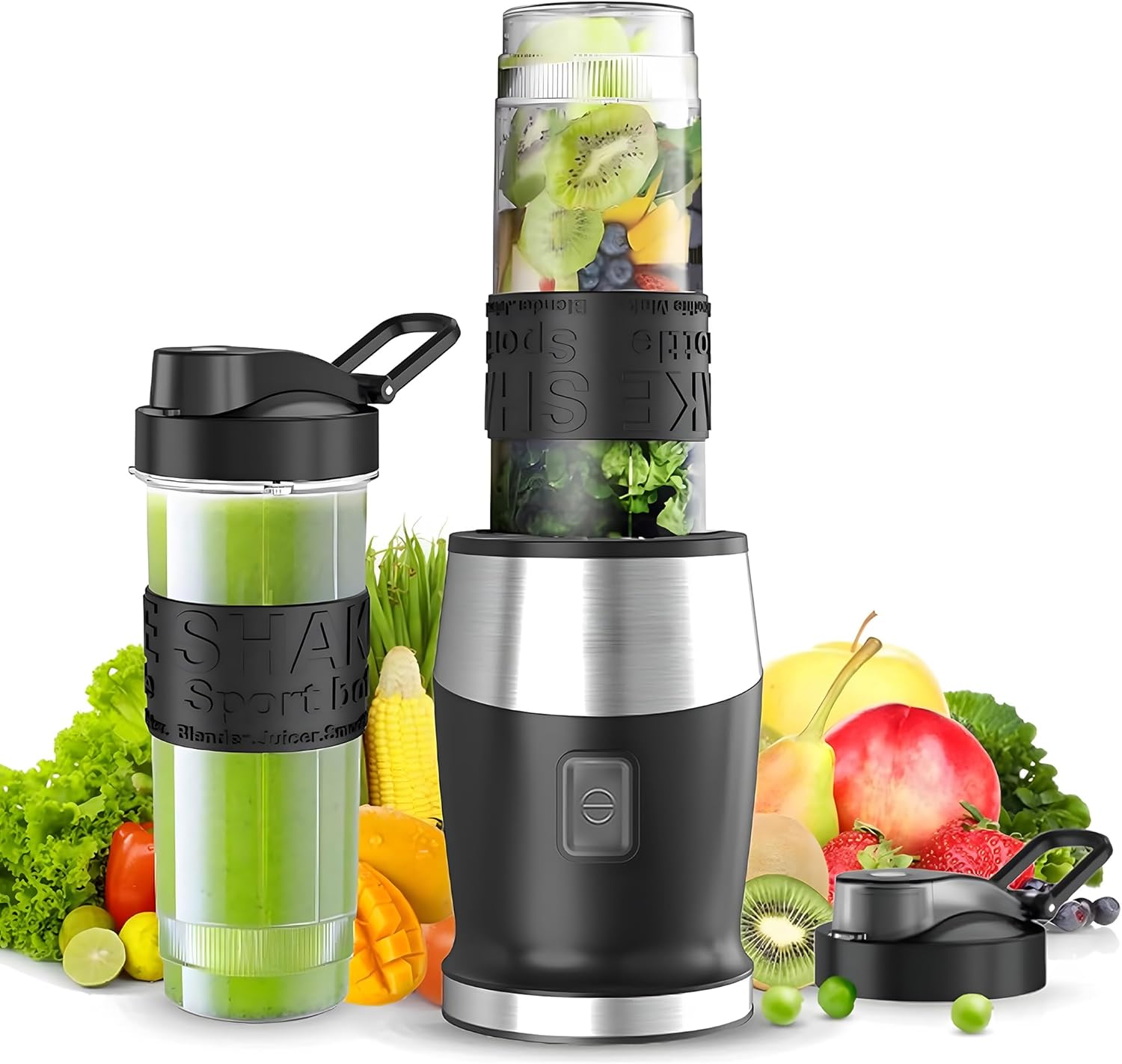 Mixer, 500 W Smoothie Maker, Standmixer & Mixer Smoothie Maker mit 2 x 570 ml Smoothie-Flaschen, BPA-freies Tritan, tragbarer Mixer aus Edelstahl, 4 Klingen für Shake und Smoothie