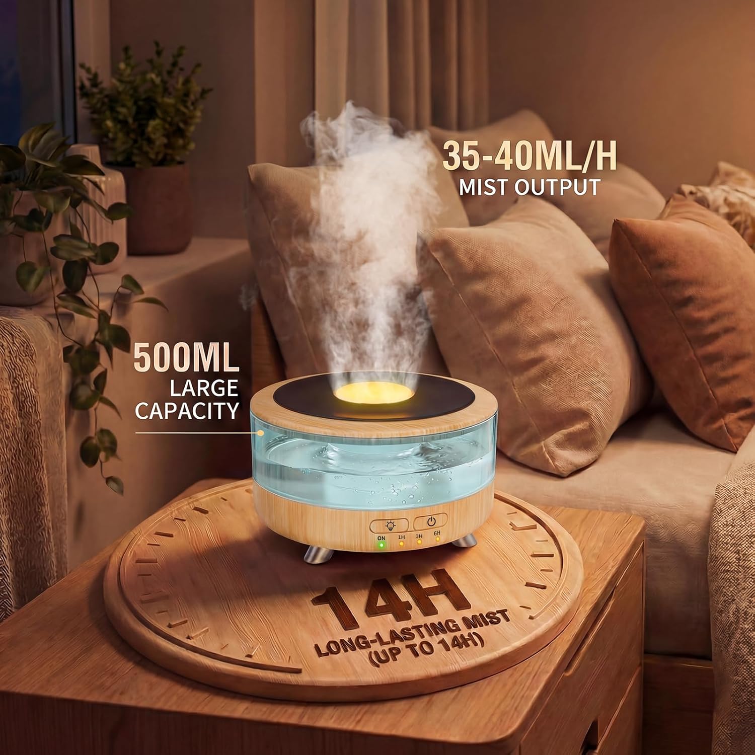 Aroma Diffuser für Ätherische Öle, 500ML Aromatherapie Öle Diffusor für Büro, Raum und Yoga, Ultraschall Diffusor mit Auto-Abschaltfunktion, 9-farbiges LED-Nachtlicht, helle Holzoptik – Bild 6