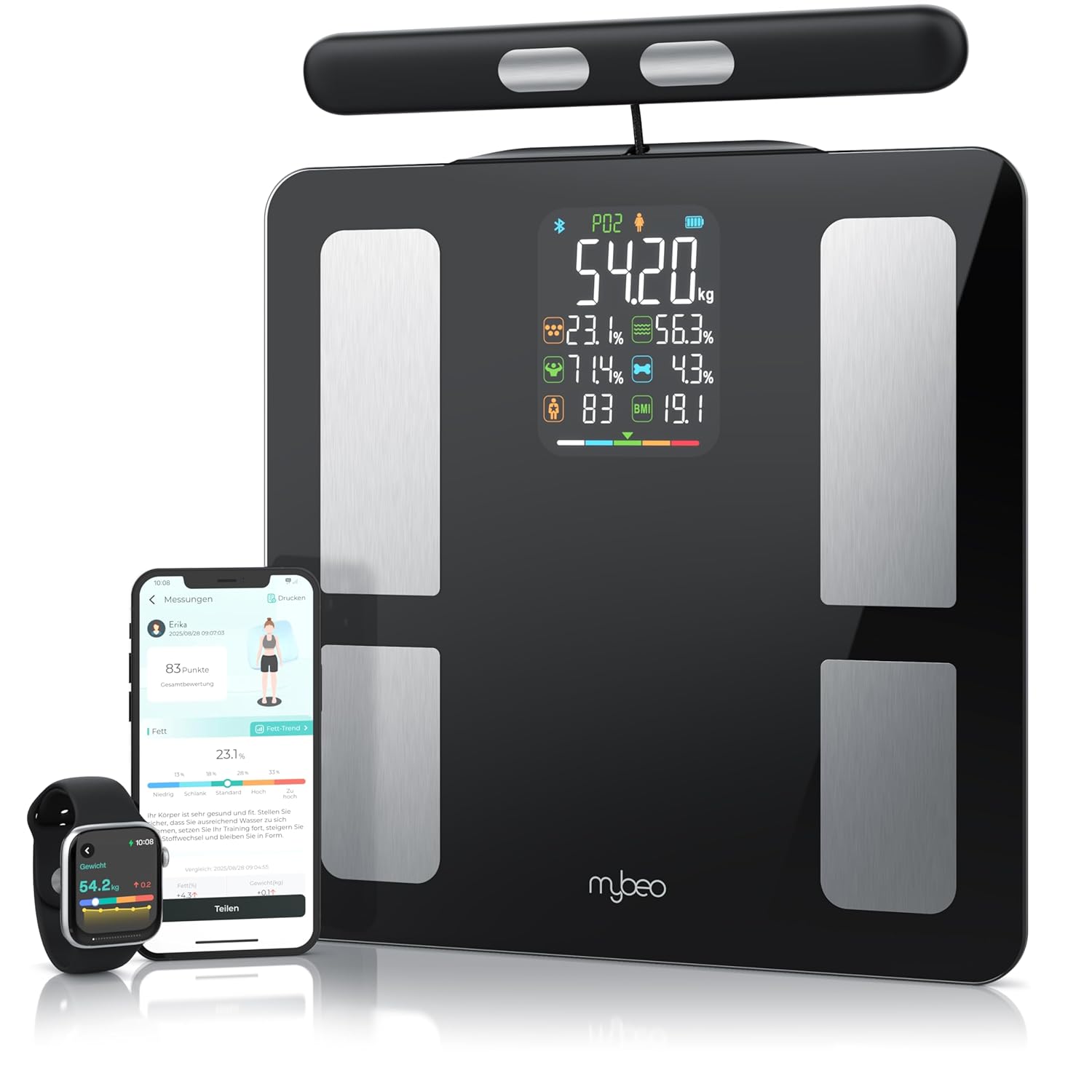 Mybeo Körperfettwaage mit Handsensoren mit App, digitale Bluetooth-Körperwaage, Personenwaage, Multifunktionswaage, digitaler Display-Griff für präzise Ergebnisse mit Körperfettanalyse