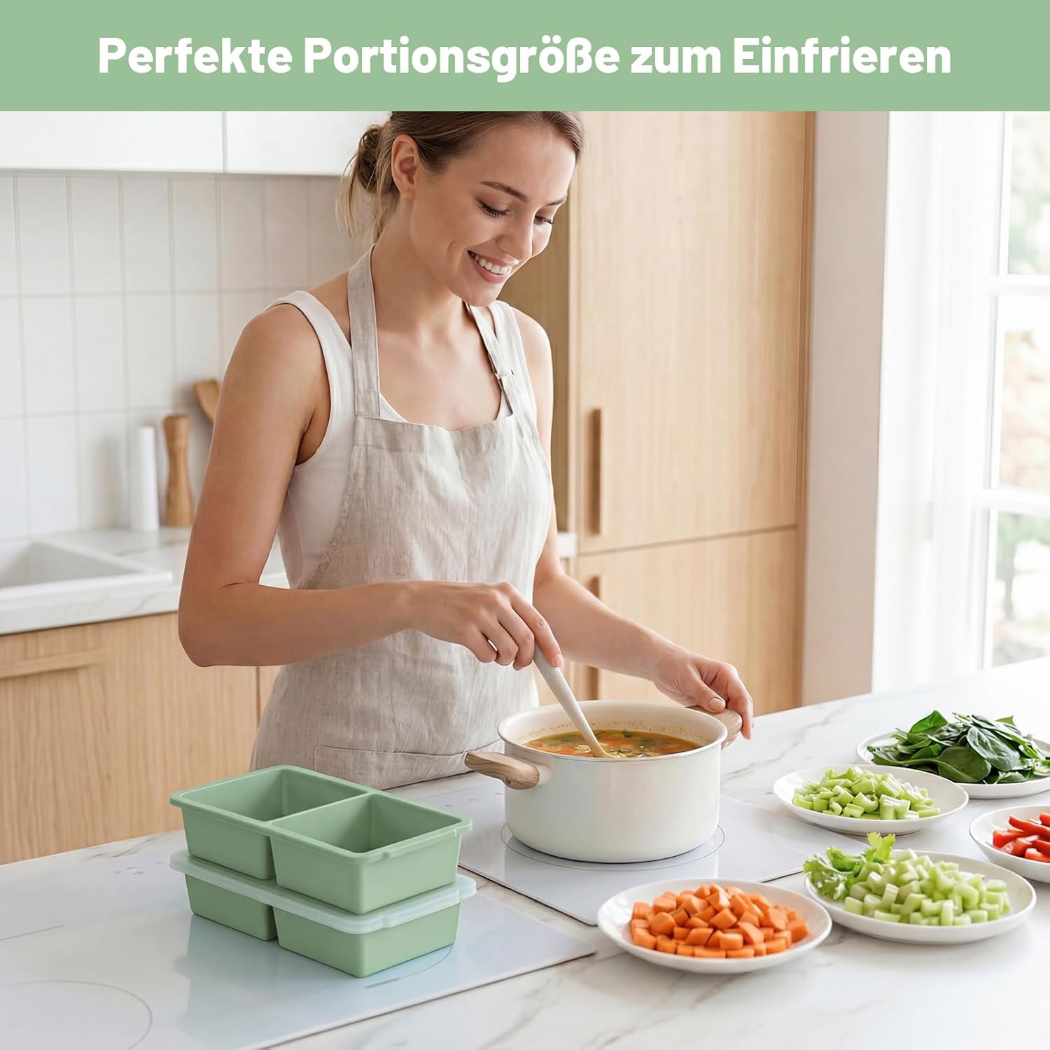 Souper Cube Silikon-Gefrierform mit Deckel, 2er-Set XXL-Eiswürfelform groß/Eiswürfelform (500 ml), Meal Prep & Suppen-Gefrierbehälter, BPA-frei, stapelbar (Mintgrün) – Bild 7