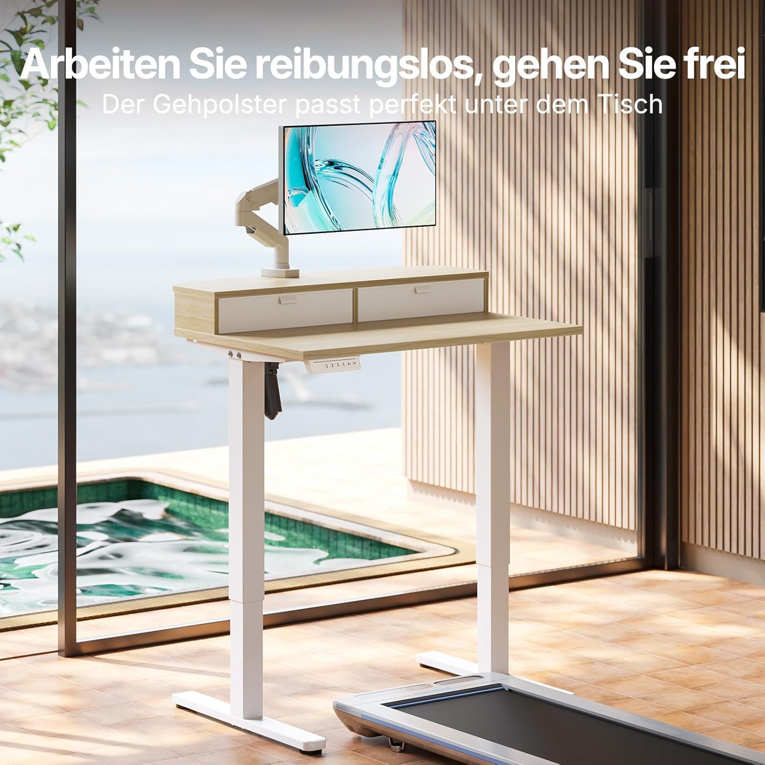 HUANUO Höhenverstellbarer Schreibtisch 80 x 53 cm mit Schubladen, kompatibler C-Klemmhalterung, Schreibtisch höhenverstellbar mit 4 Memory-Höheneinstellungen – Bild 3
