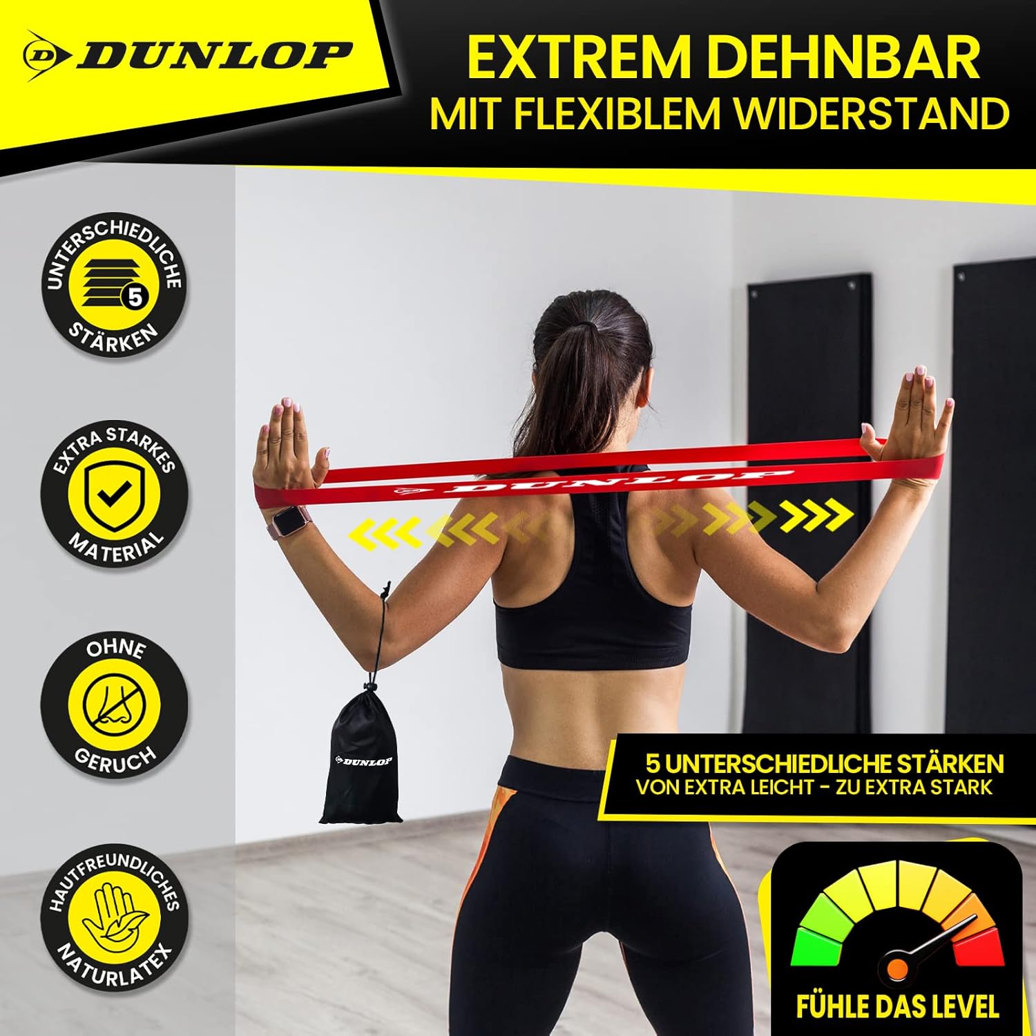 Dunlop Fitness Band Fitnessbänder Set – 5 Widerstandsbänder für schnelle Krafttrainingserfolge – Premium Widerstandsbänder in 5 Stufen als LongLife+ Latexbänder Set – Bild 3