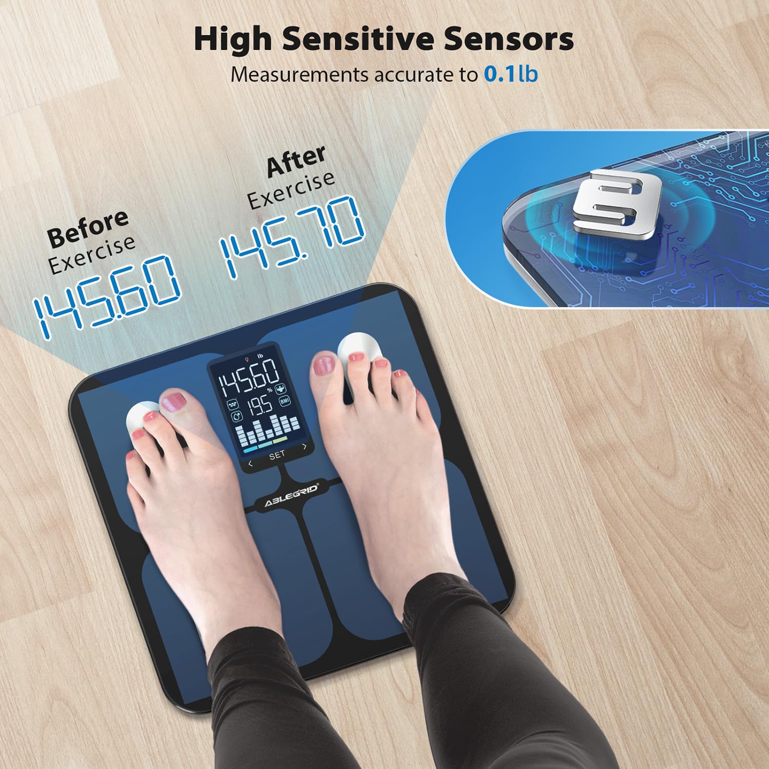 ABLEGRID Intelligente Personenwaage für Körpergewicht, digitale Körperfettwaage mit LED-Säulen-Trendanzeige, BMI, Muskelmasse, Körpertyp, genaue Waage für Menschen mit APP-freiem Modus, 180 kg – Bild 6