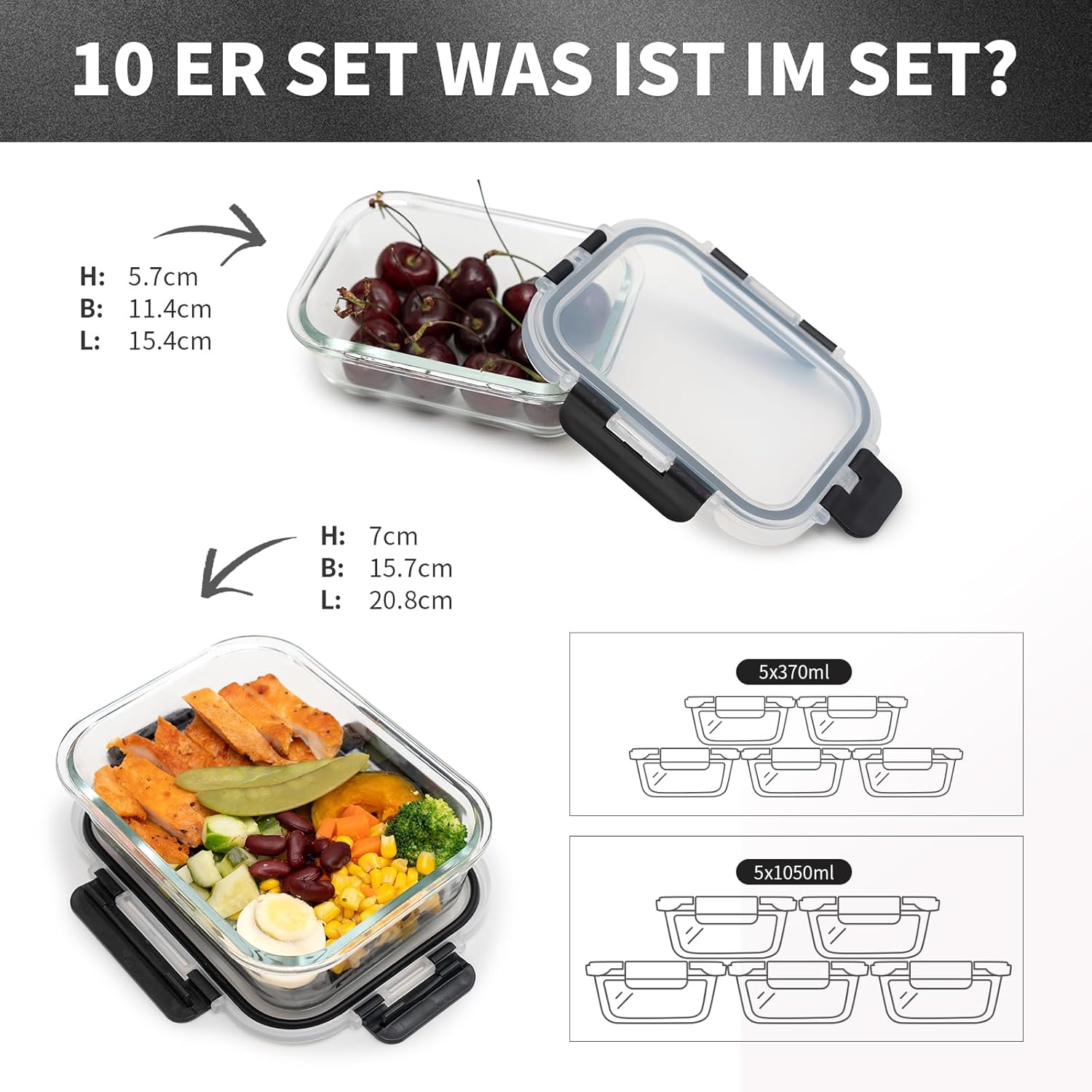 Frischhaltedosen-Set aus Glas, Meal-Prep-Boxen, Glasbehälter mit Deckel, Lebensmittelbehälter, Lunchbox, spülmaschinenfest, mikrowellen- und gefriergeeignet, auslaufsicher (5 x 1050 ml + 5 x 370 ml) – Bild 2