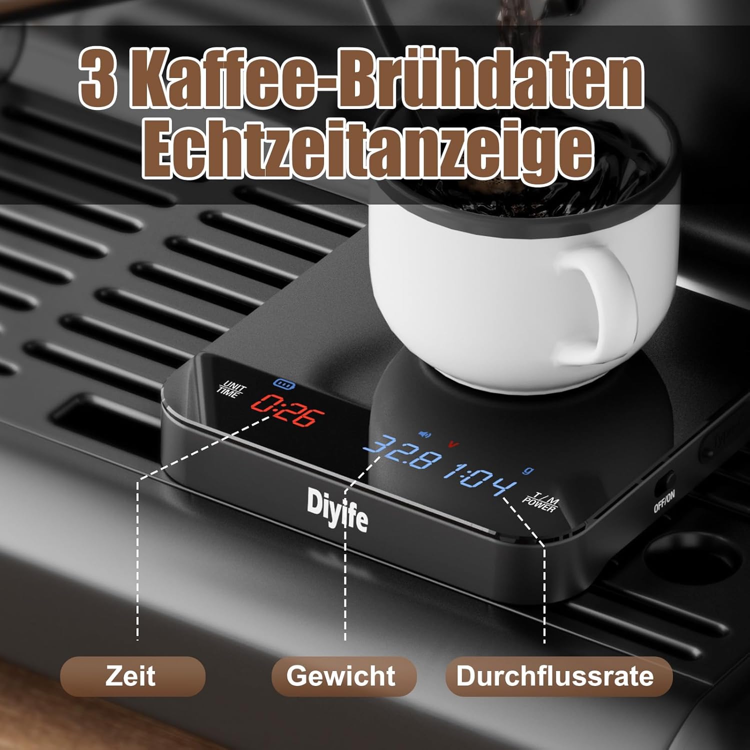 Diyife Digitale Mini-Kaffeewaage mit Timer, 0,1 g hochpräzise wiederaufladbare tragbare Espressowaage, dreiteiliges Display, selbststartend, lautlos und Signalton, für Übergießen, Espresso – Bild 3