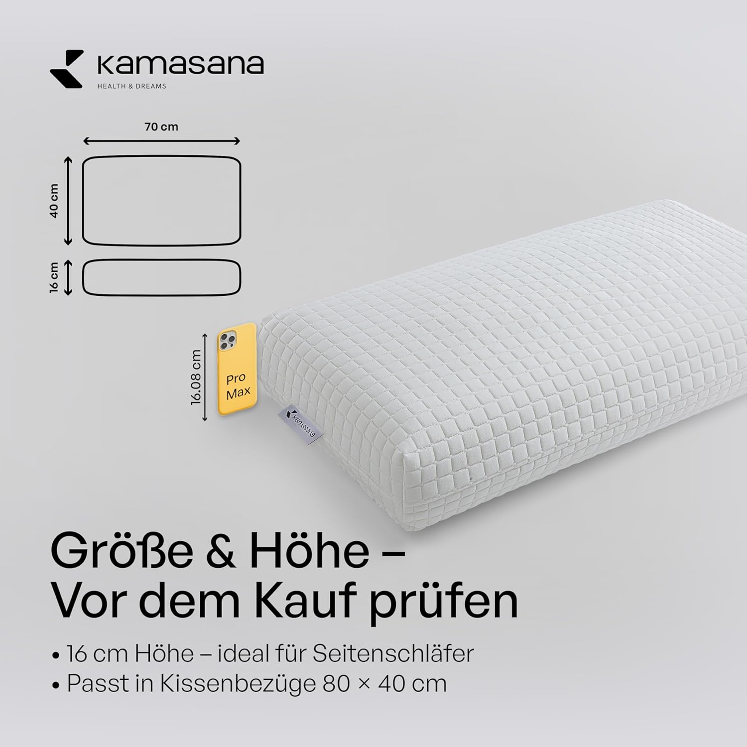 Seitenschläferkissen 40 x 80 cm, Höhe 16 cm – Orthopädisches Nackenstützkissen – Memory-Schaum-Kissen – ergonomisches Kissen mit weicher und fester Seite – Bild 8