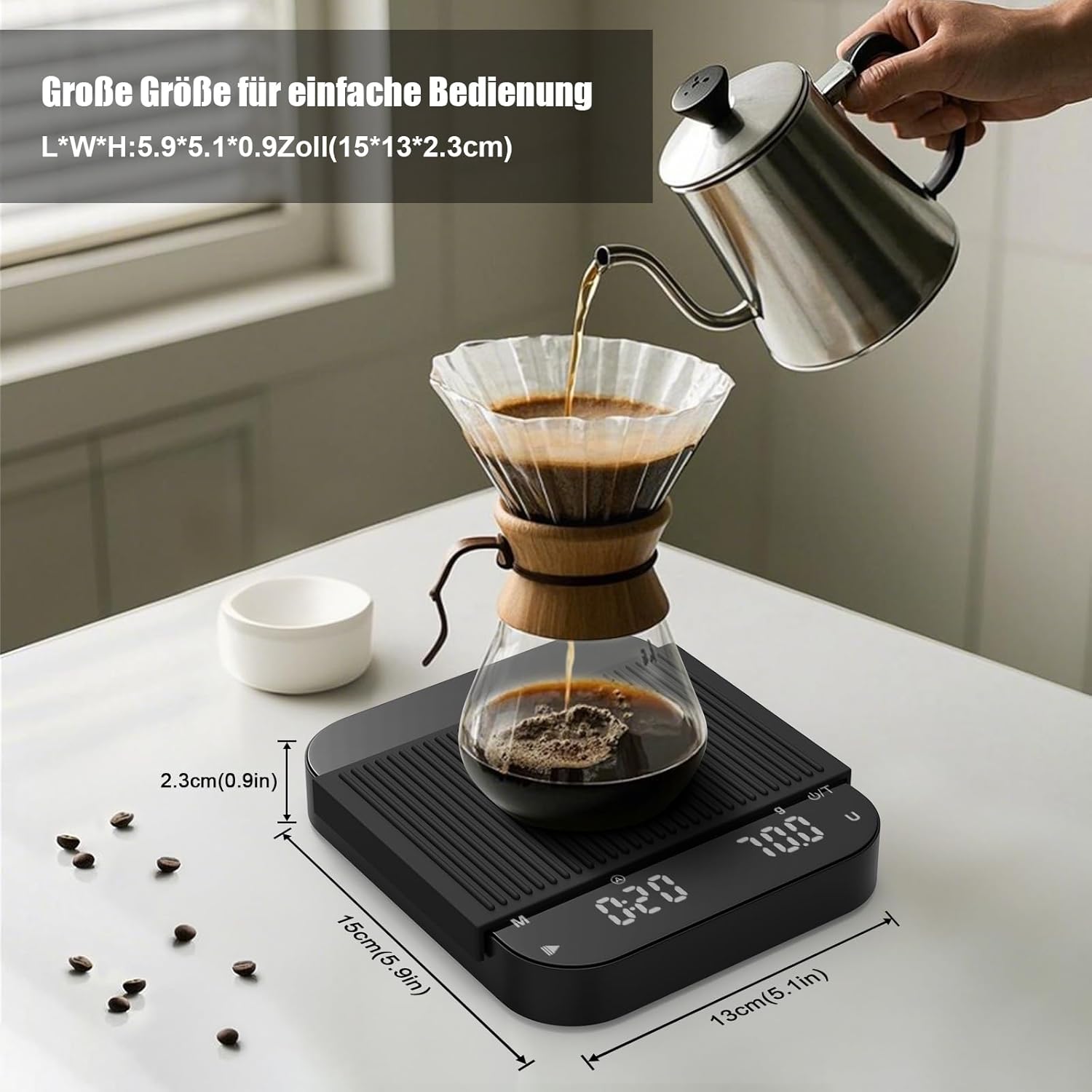 Diyife Kaffeewaage mit Timer, 3 kg/0,1 g wiederaufladbare Espressowaage mit HD-LCD-Display, Tara-Funktion, automatisch, tragbar, präzise Kaffeewaage für Espresso, Übergießen – Bild 2