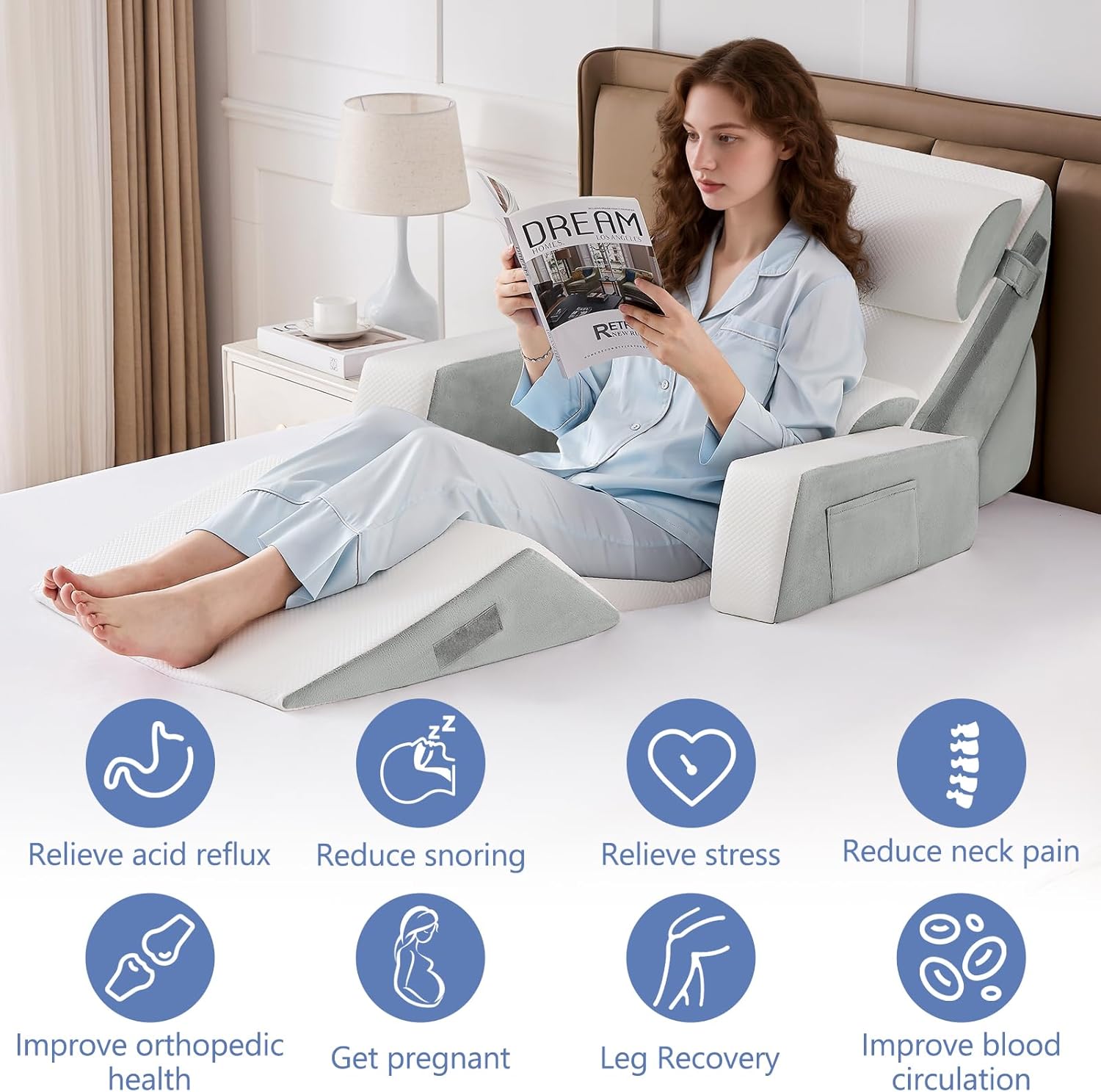 9PCS Orthopädische Bett Keil Kissen Set, Post Chirurgie Schaum Kissen für Körper, Rücken und Beine Schmerzlinderung, Justierbare Stützkissen mit Säure Reflux Schlafkissen Bed Wedge Pillow Hellgrau – Bild 6