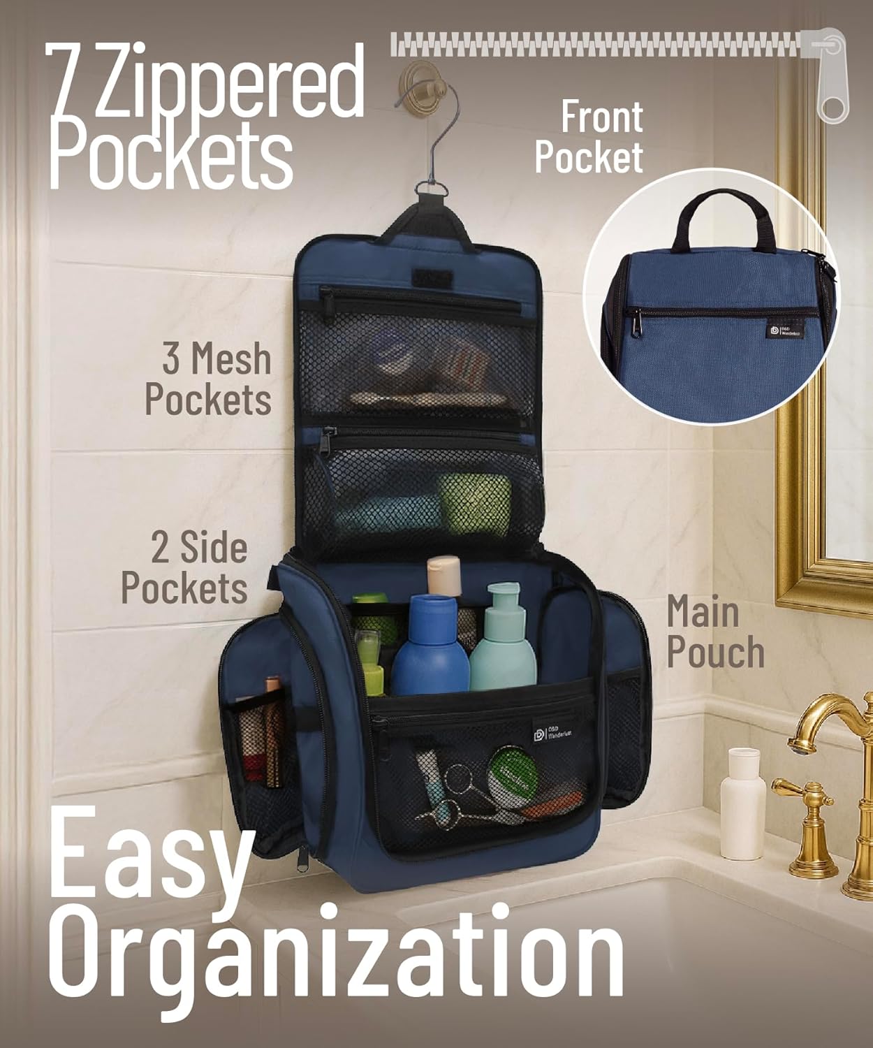 D&D – Hängende Kulturtasche – Designer-Reise-Make-up- und Toilettenartikel-Organizer für Männer und Frauen – Hängendes Kosmetik- und Toilettenzubehör-Etui mit drehbarem Metallhaken – Bild 2