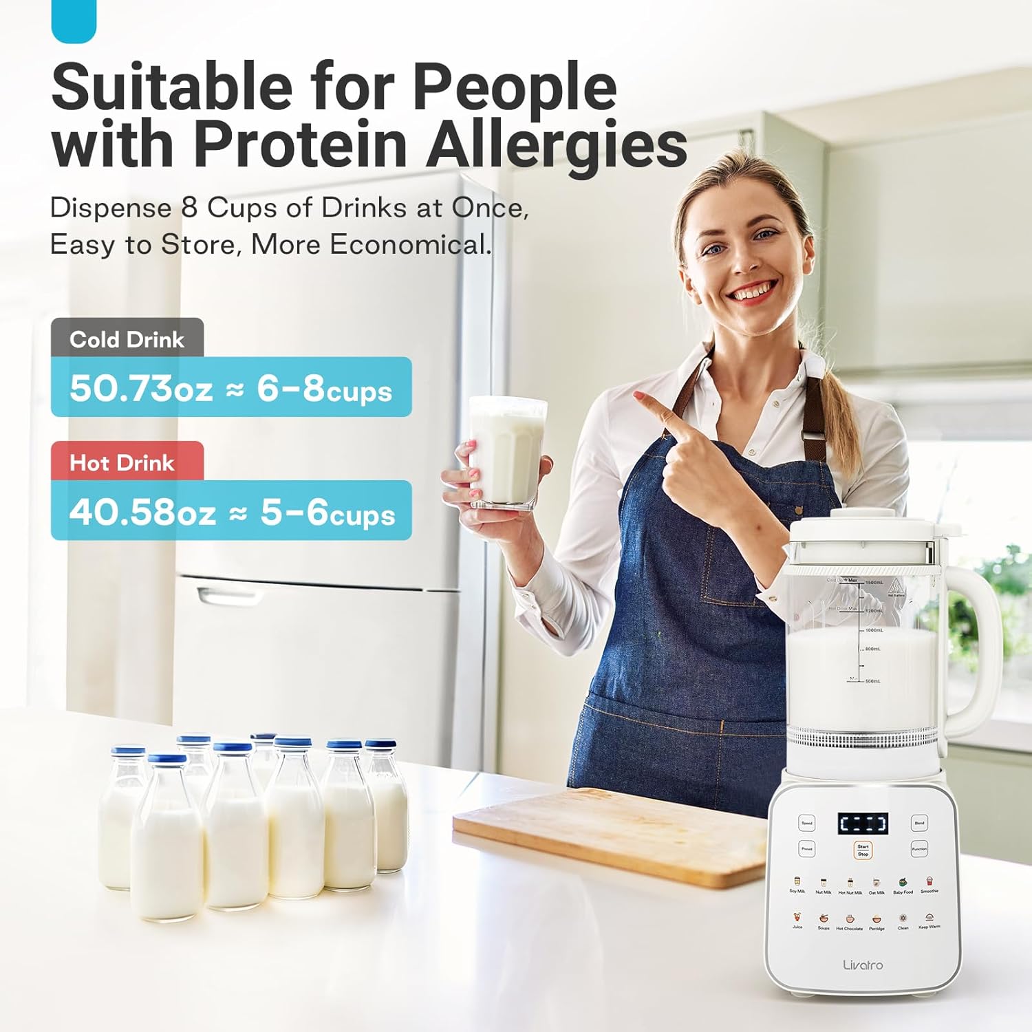 Livatro Nussmilchbereiter, 12-in-1,1,5 l, automatischer Sojamilchbereiter, abnehmbares Design, Mandel-/Hafermilch & Saft, 24-Stunden-Timer, Warmhalten, Selbstreinigung, Sicherheitsverriegelung (Beige1) – Bild 8