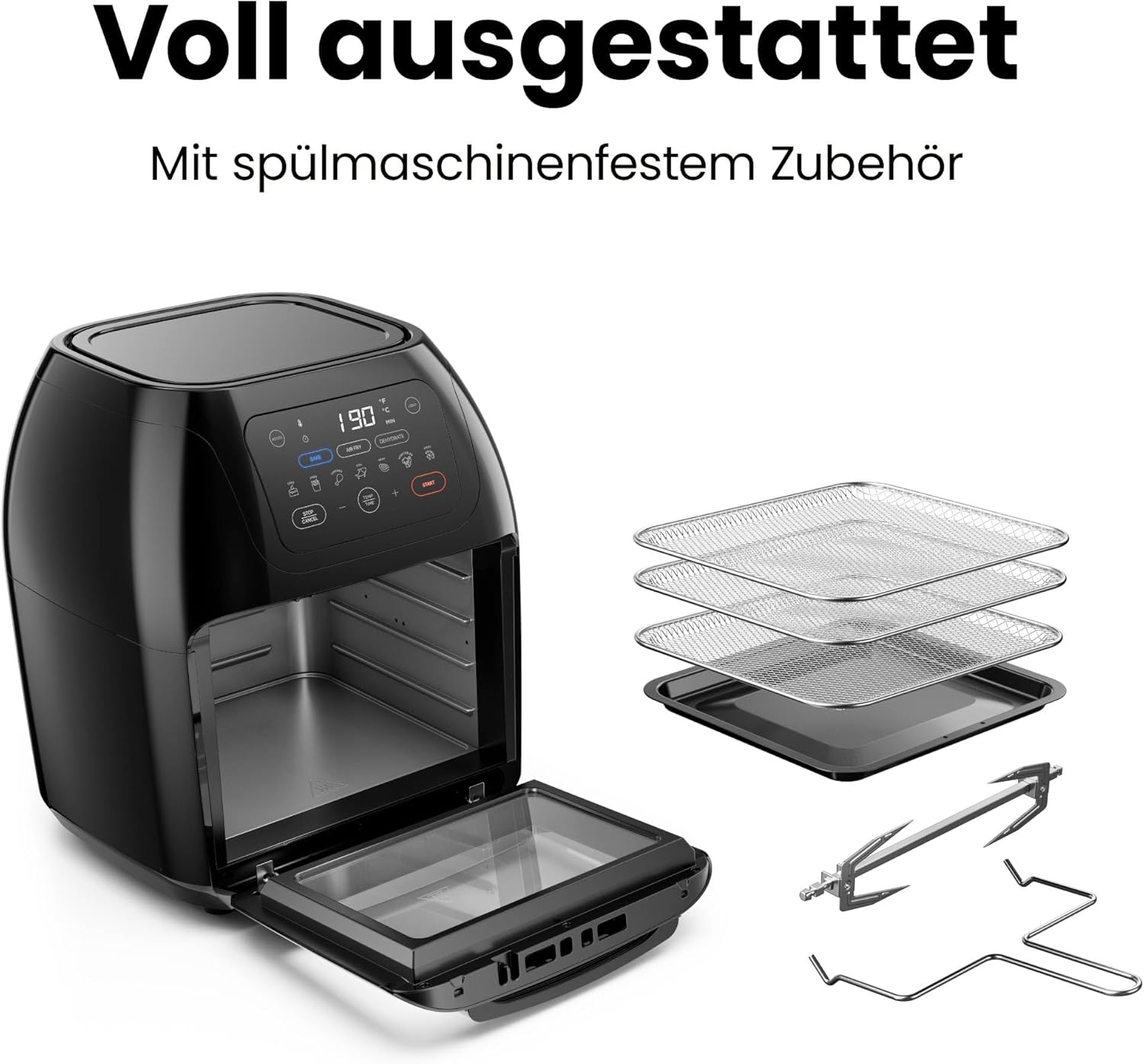 Chefman Multifunktionale digitale Heißluftfritteuse + Drehspieß, Dörrgerät, Konvektion, 17 Touchscreen-Voreinstellungen, XL 10L-Familiengröße, automatische Abschaltung, großes Sichtfenster, Schwarz – Bild 8