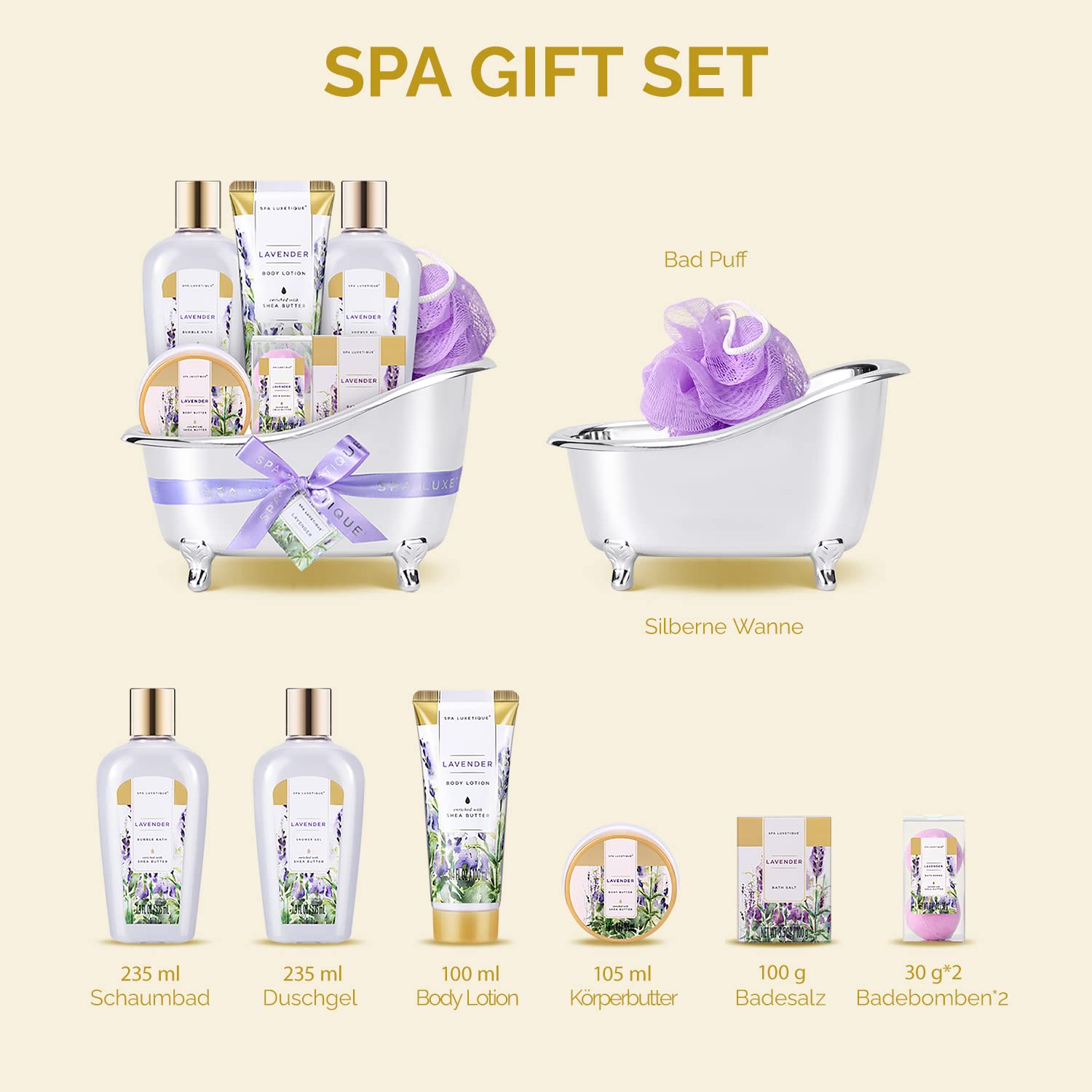 SPA LUXETIQUE Bade-Geschenkset für Damen – 8-teiliges Lavendelduft-Wellness-Set für Damen, Geburtstagsgeschenk, Beauty-Set mit dekorativer Badewanne, Muttertagsgeschenk, Weihnachtsgeschenke, Valentinstagsgeschenk – Bild 2