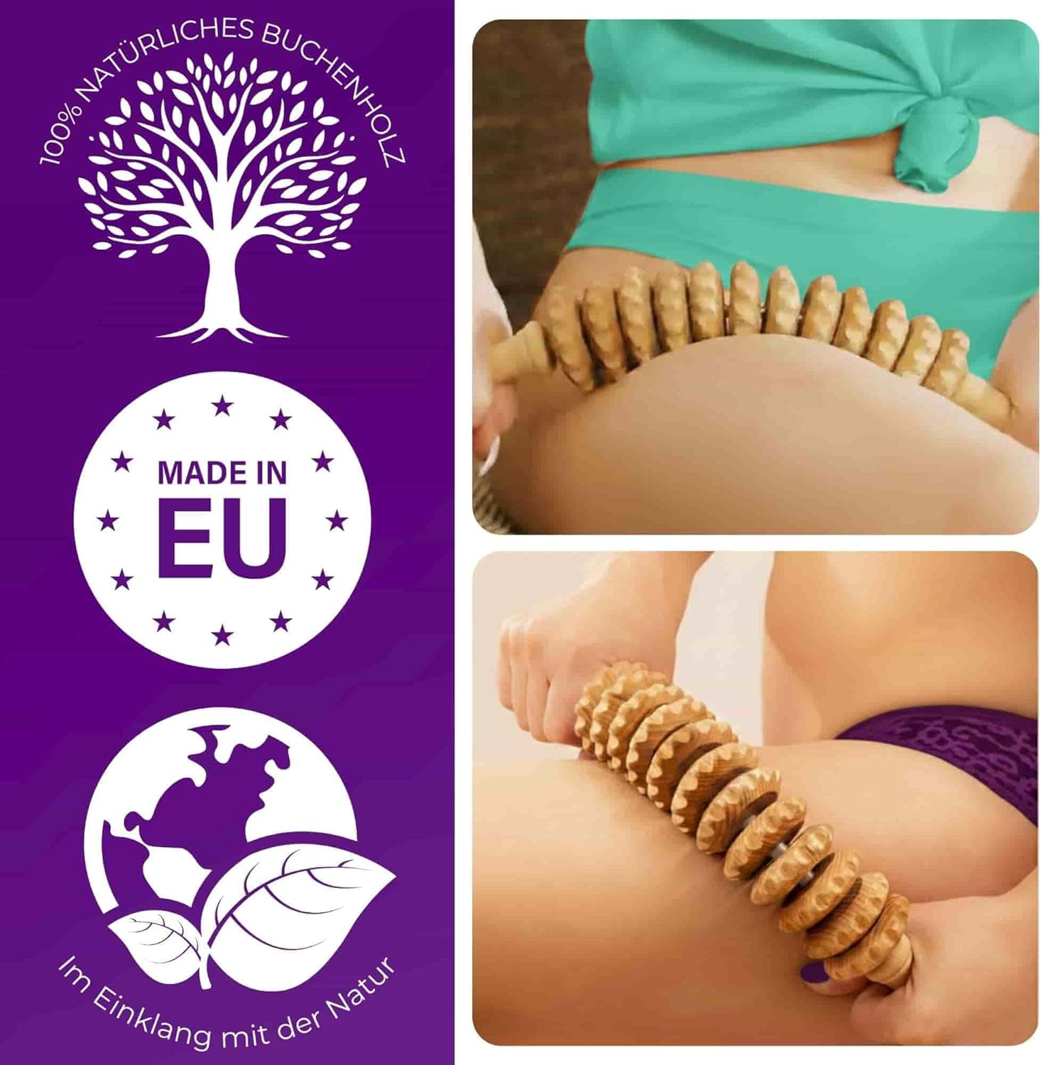Tuuli Accessories Anti-Cellulite-Massageroller mit Griff, Maderotherapie aus Holz, für Beine, Oberschenkel, Bauch, Körper – Bild 3