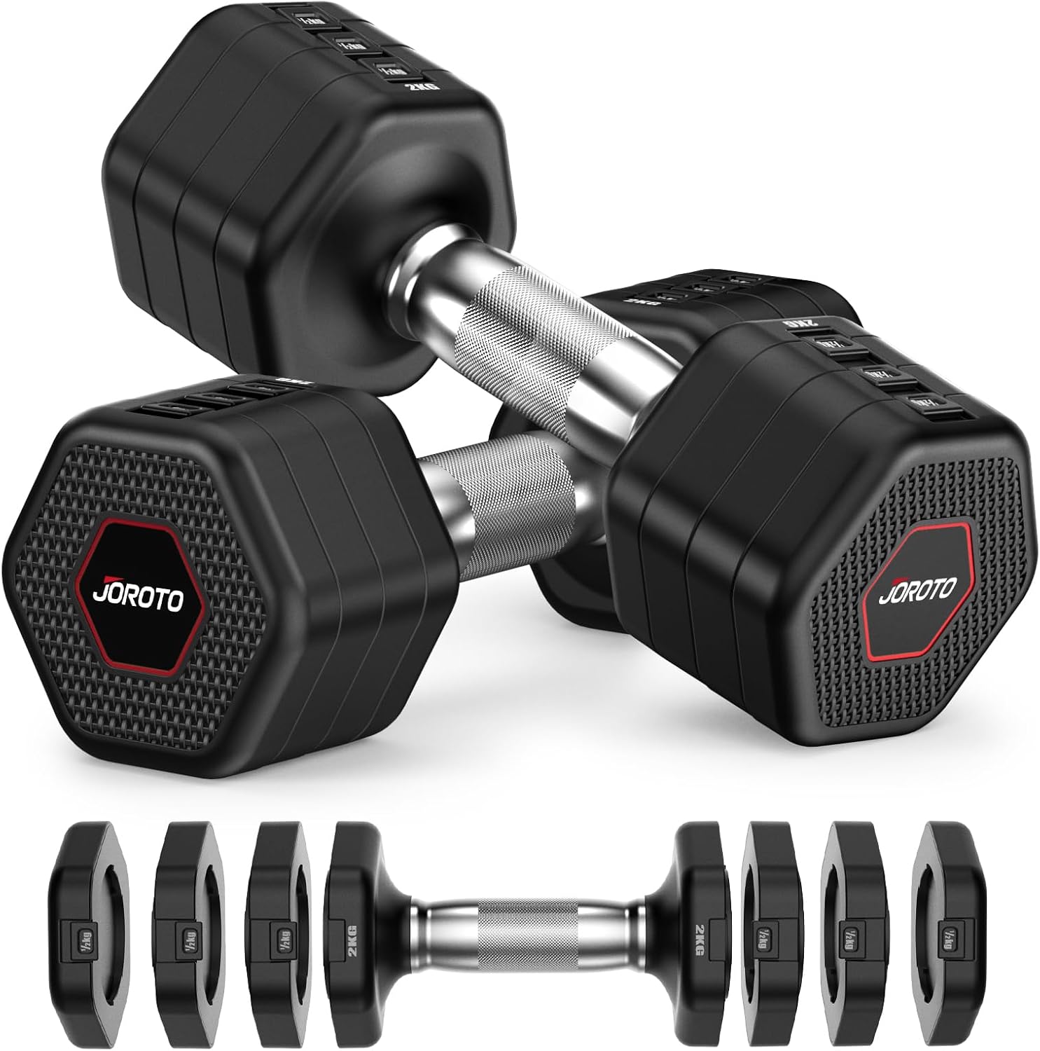 JOROTO Hanteln Set, 4-in-1 verstellbare Hanteln, 2er-Set, 2-5 kg, mit verchromtem rutschfestem Griff, geeignet für Männer und Frauen, für Krafttraining, Fitness und Heimtraining (schwarz)