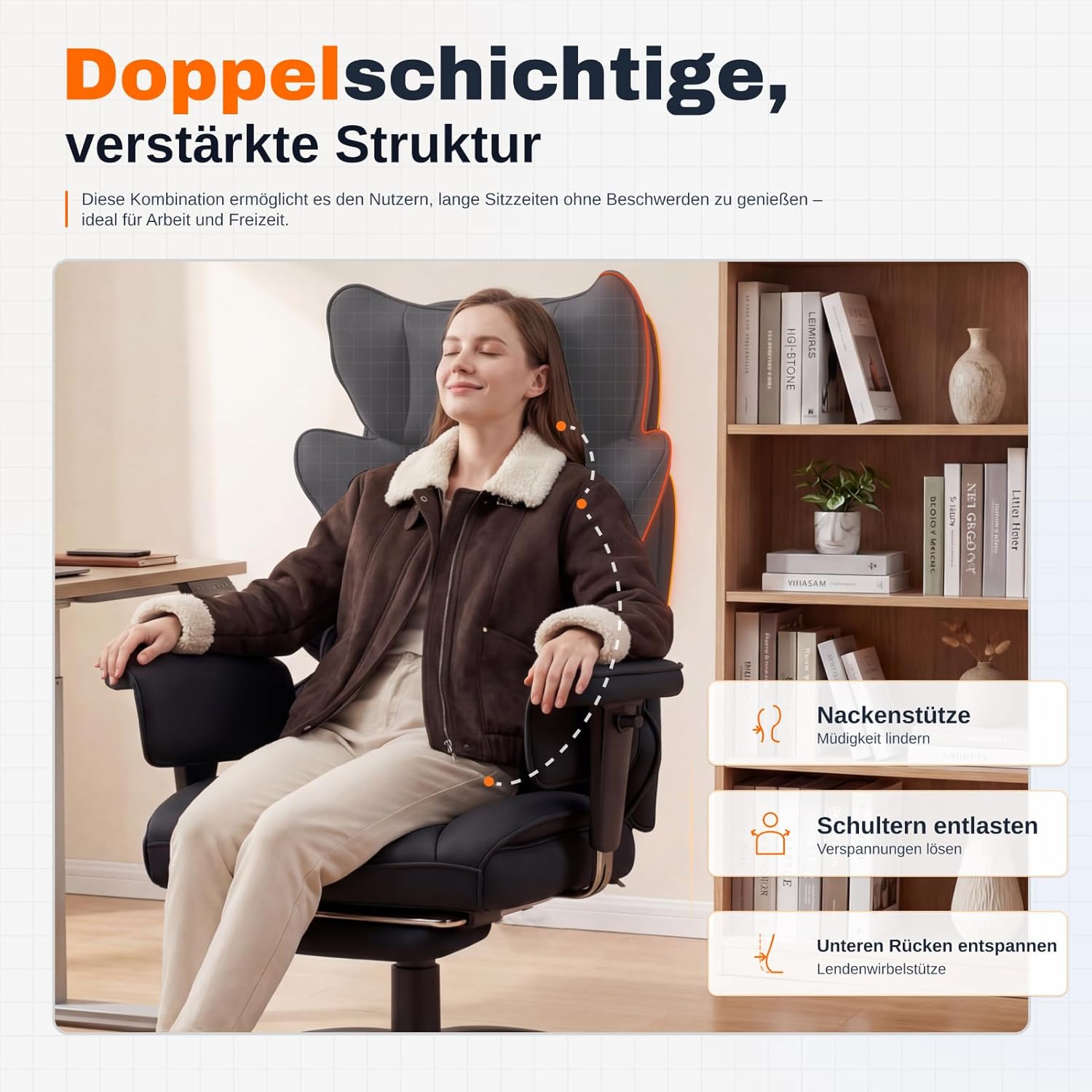 Dowinx Gaming Stuhl, Bürostuhl Ergonomisch mit Taschenfeder-Kissen, Chefsessel mit doppellagiger weicher Rückenlehne und verstellbaren Lendenkissen, Armlehnen und Fußstütze, Stoff-Schwarz – Bild 4