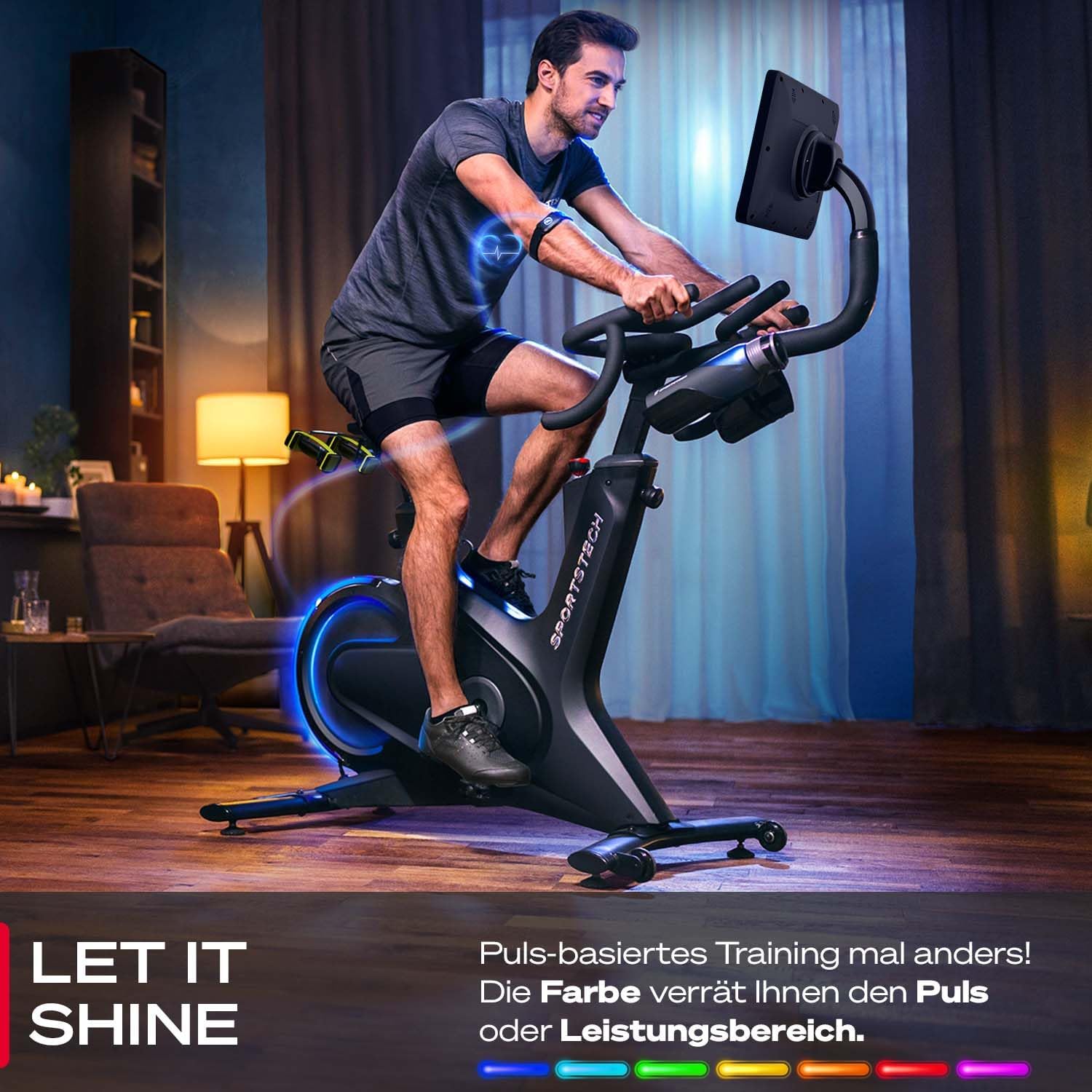 Sportstech Heimtrainer + 10,1" Touch Display - Deutsche Qualitätsmarke - APP mit Live Workouts & Kursen Fitnessbike mit patentierter LED Technologie, Ergometer, sBike – Bild 2