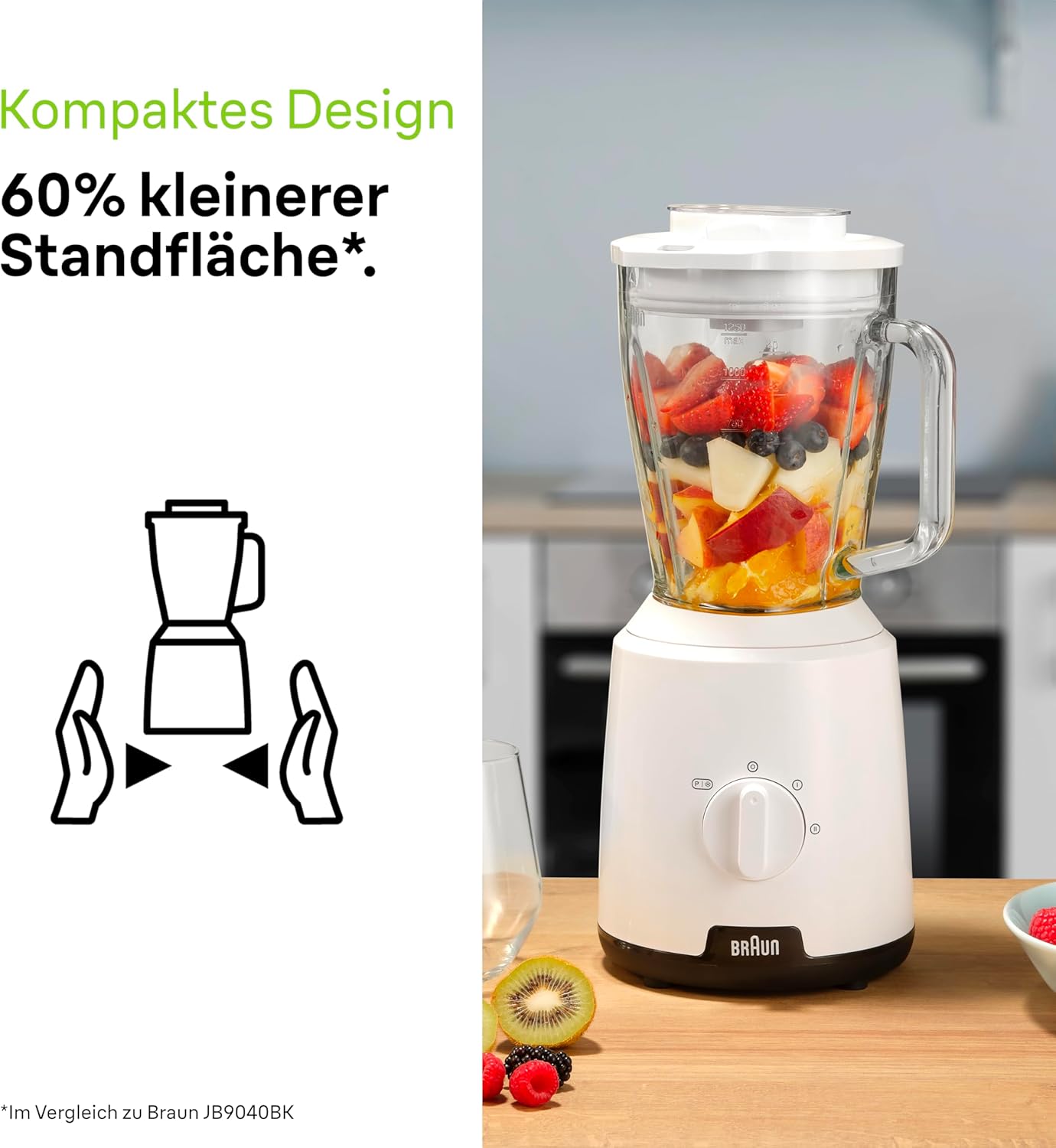 Braun PowerBlender 1 Stabmixer mit dreieckigem Glaskrug, 2 Geschwindigkeiten, Eis-Crush-Funktion, JB1050WH, 600 W, Weiß – Bild 2