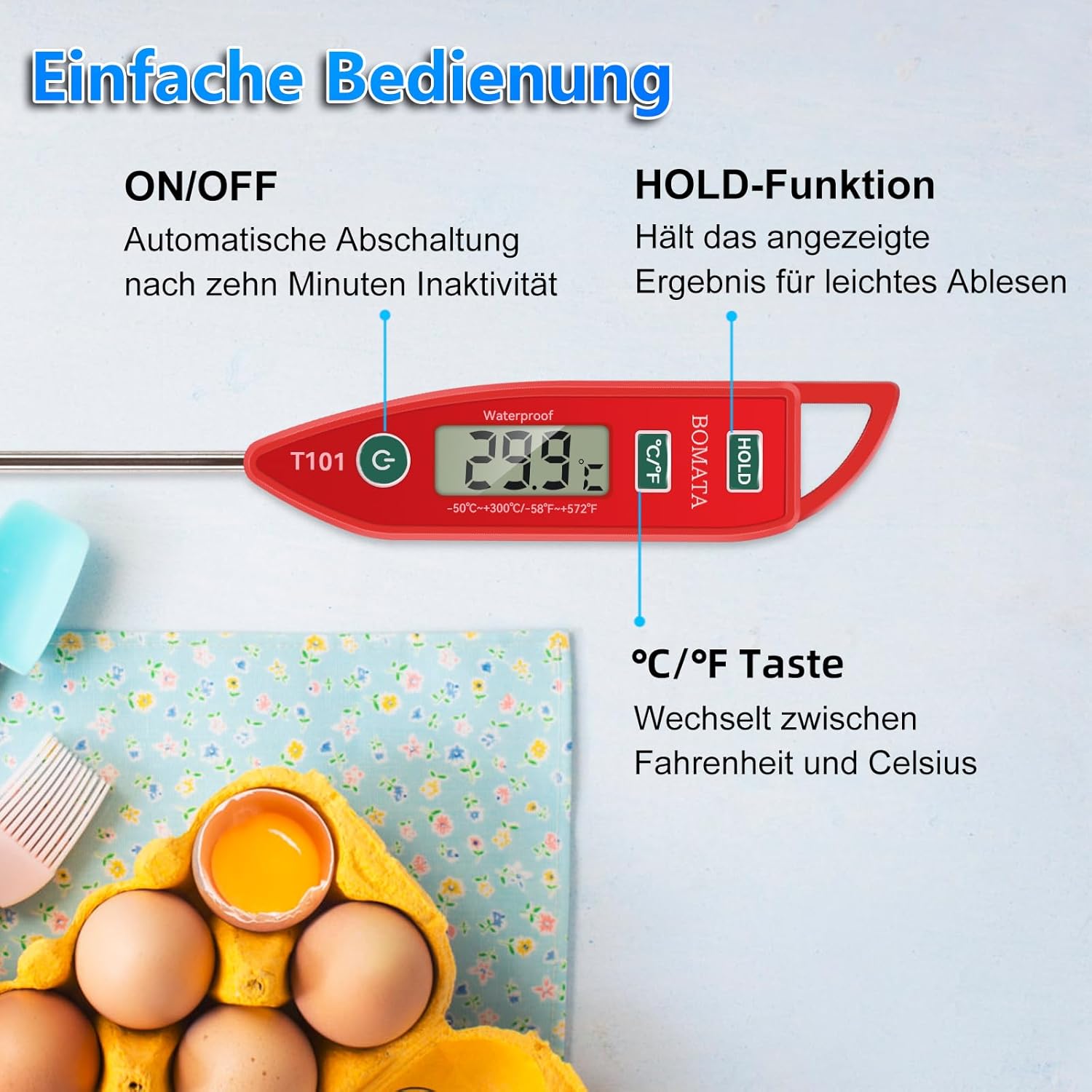 BOMATA 2er-Set wasserdichtes IPX7-Fleischthermometer zur sofortigen Messung der Lebensmitteltemperatur, mit langer Sonde, geeignet für Wasser, Flüssigkeiten, Kochen in der Küche, Grillen und BBQ! 2 Stück (Schwarz und Rot) – Bild 5