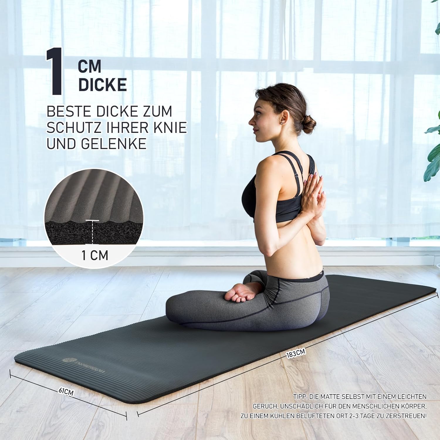 Dicke NBR Yogamatte rutschfest mit Tragegurt für Gymnastikmatte, Fitnessmatte, Sportmatte, Trainingsmatte, Stärke 1 cm (183 x 61 cm) – Bild 2