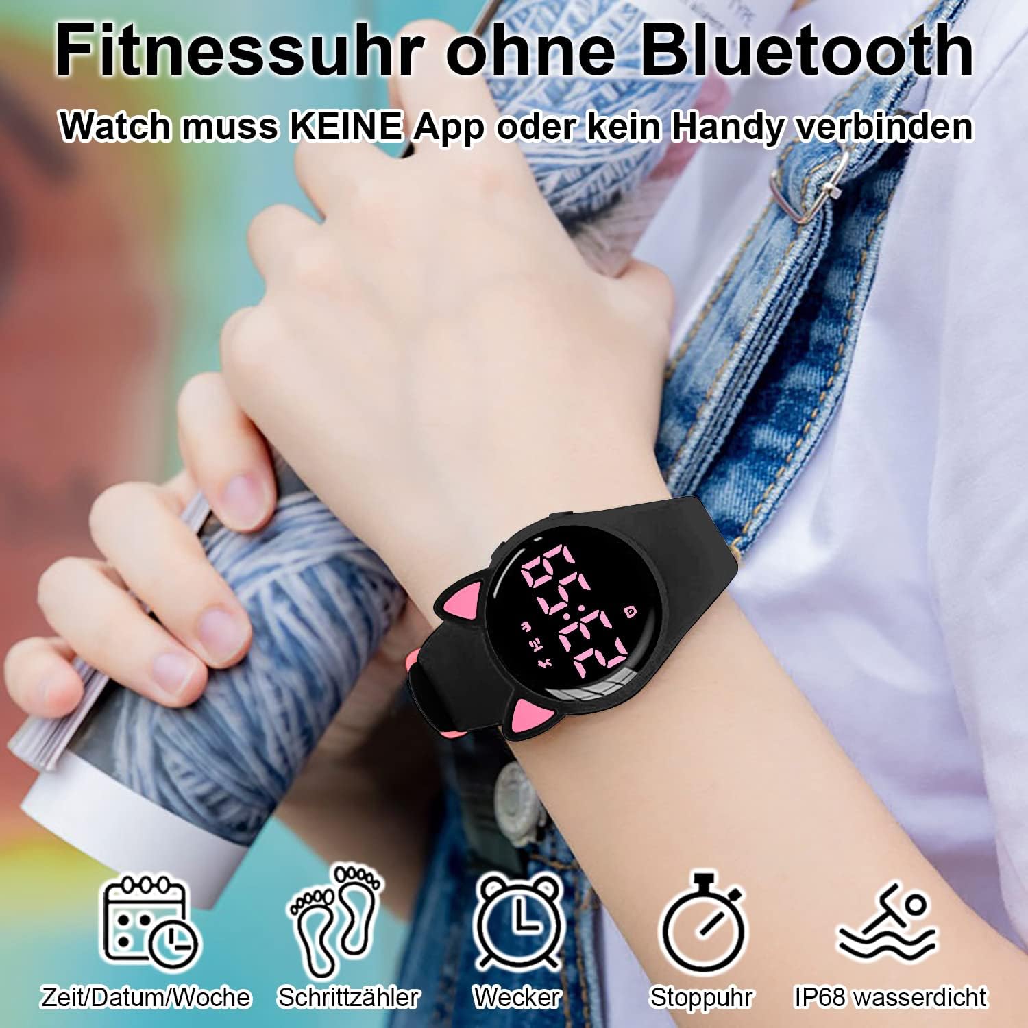 Kinder Schrittzähler Uhr Fitness Tracker Ohne App/Handy, IP68 wasserdichte Digitale Armbanduhr Sportuhr mit Schrittzähler Kalorienzähler Distanzzähler Timer Wecker für Kinder Mädchen Jungen – Bild 2