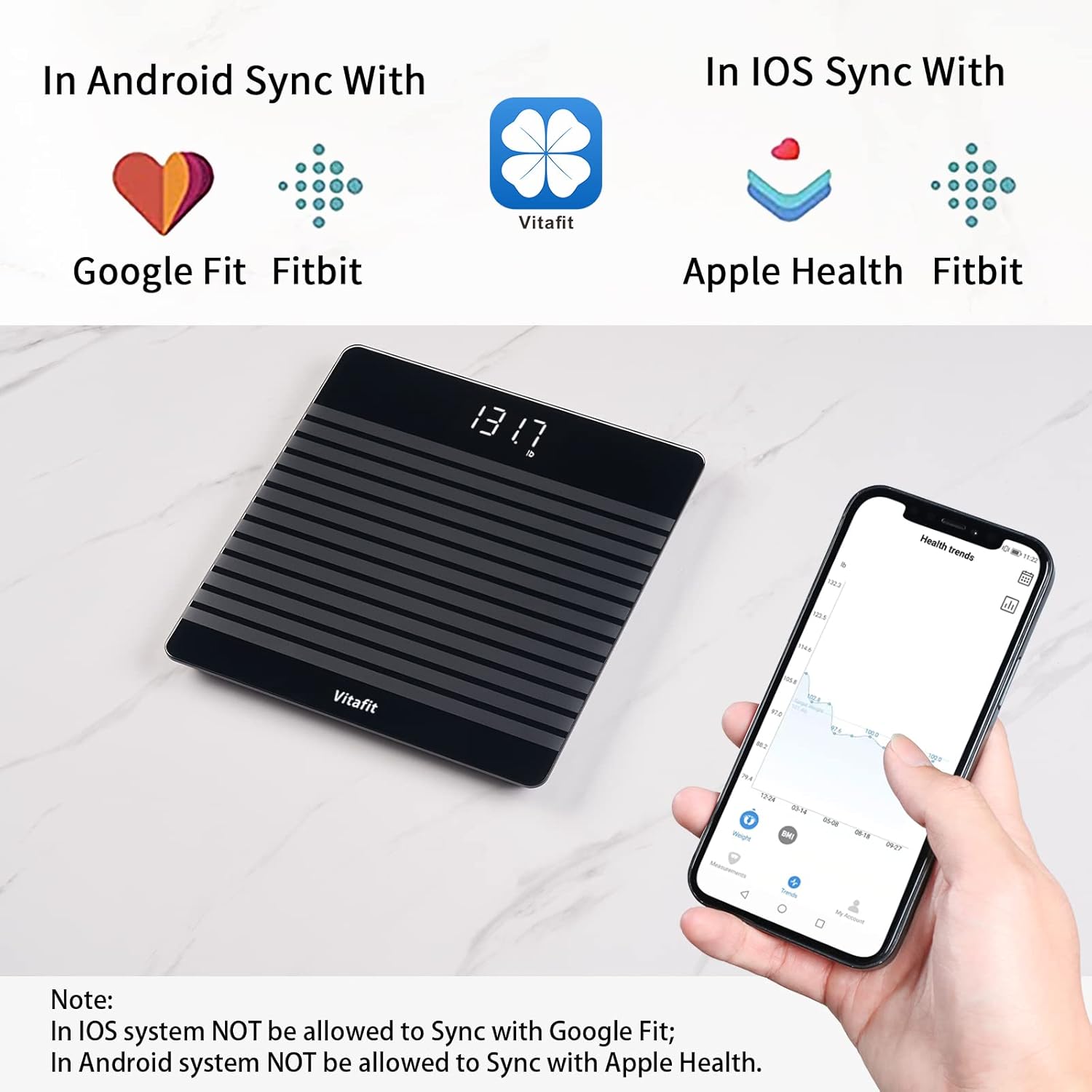 Vitafit Digitale Personenwaage mit Gewicht und BMI, Smarte Körperwaage mit App über Bluetooth, rutschfeste Plattform, Schwarz – Bild 3