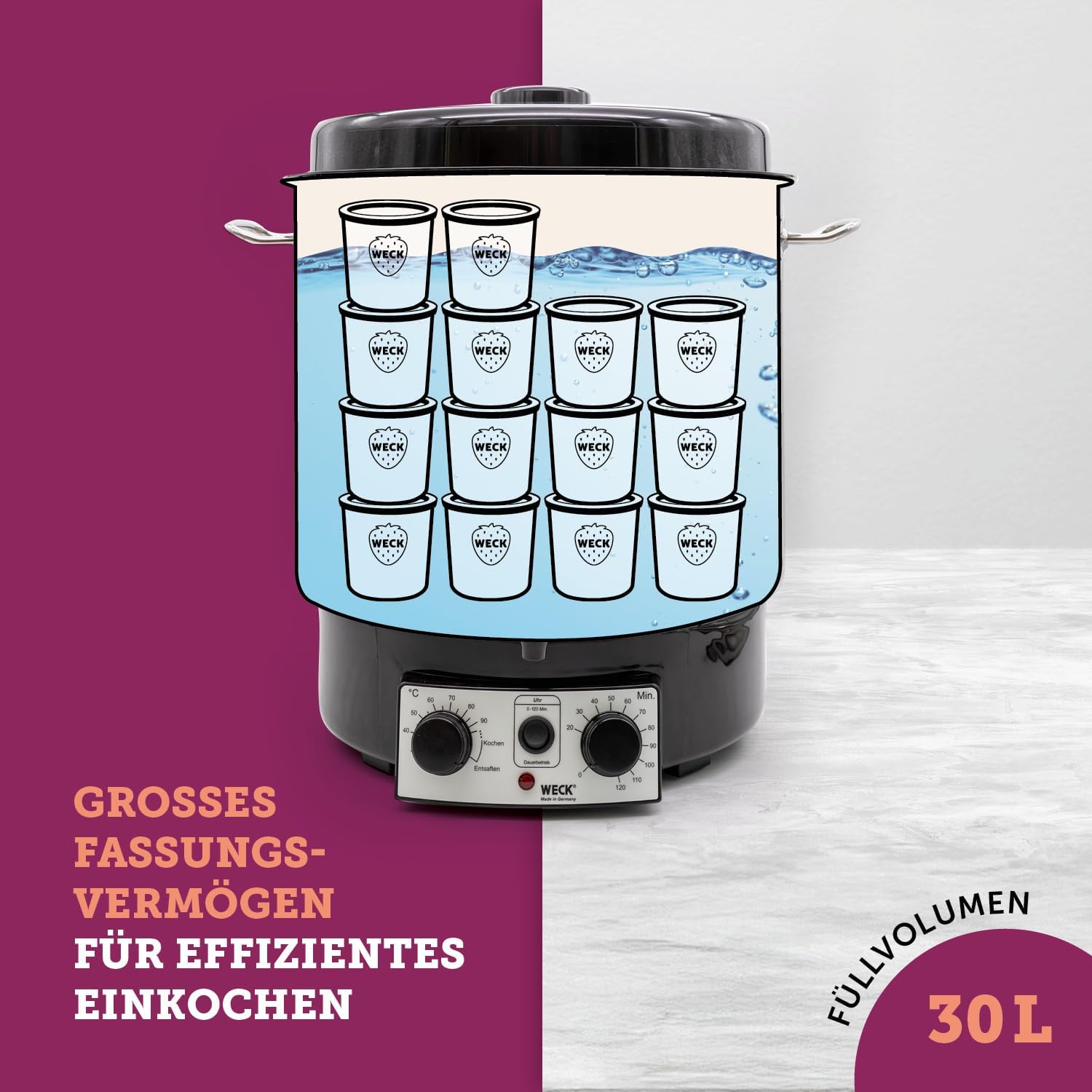 WECK WAT25-A Einkochautomat aus Edelstahl mit Präzisionsthermostat, Auslaufhahn & Timer – 30 L Einkochtopf, Glühweinkocher, Dampfentsafter, Einkochautomat – Made in Germany, hochwertig & vielseitig einsetzbar – Bild 6