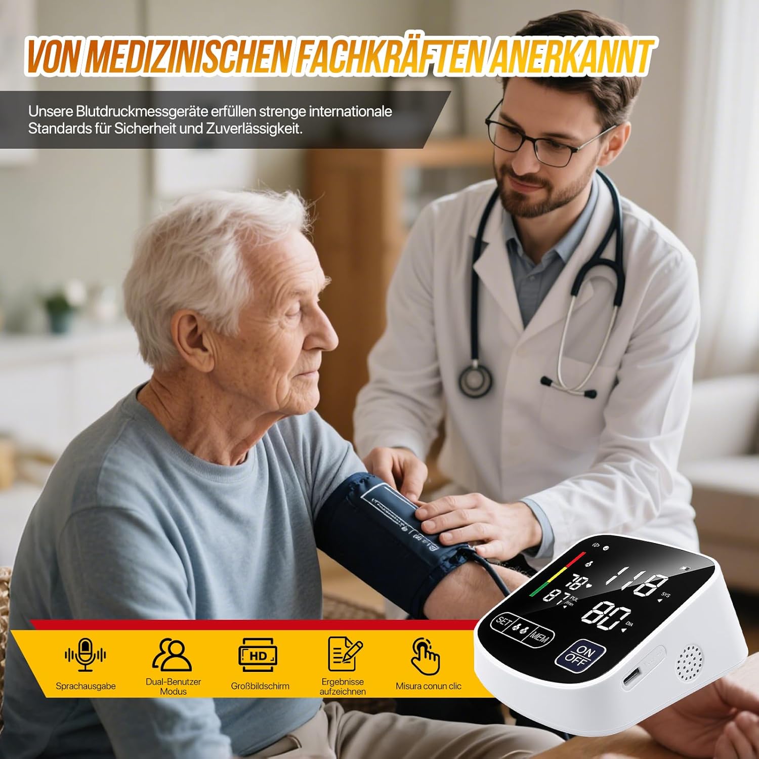 RoserRose Blutdruckmessgerät Oberarm digital, Blutdruckmessgerät mit deutscher Sprachausgabe, großes LED-Display, 2 x 99 Speicherplätze, Manschette 22-36 cm, AAA-Batterie/Typ-C-Ladekabel – Bild 3
