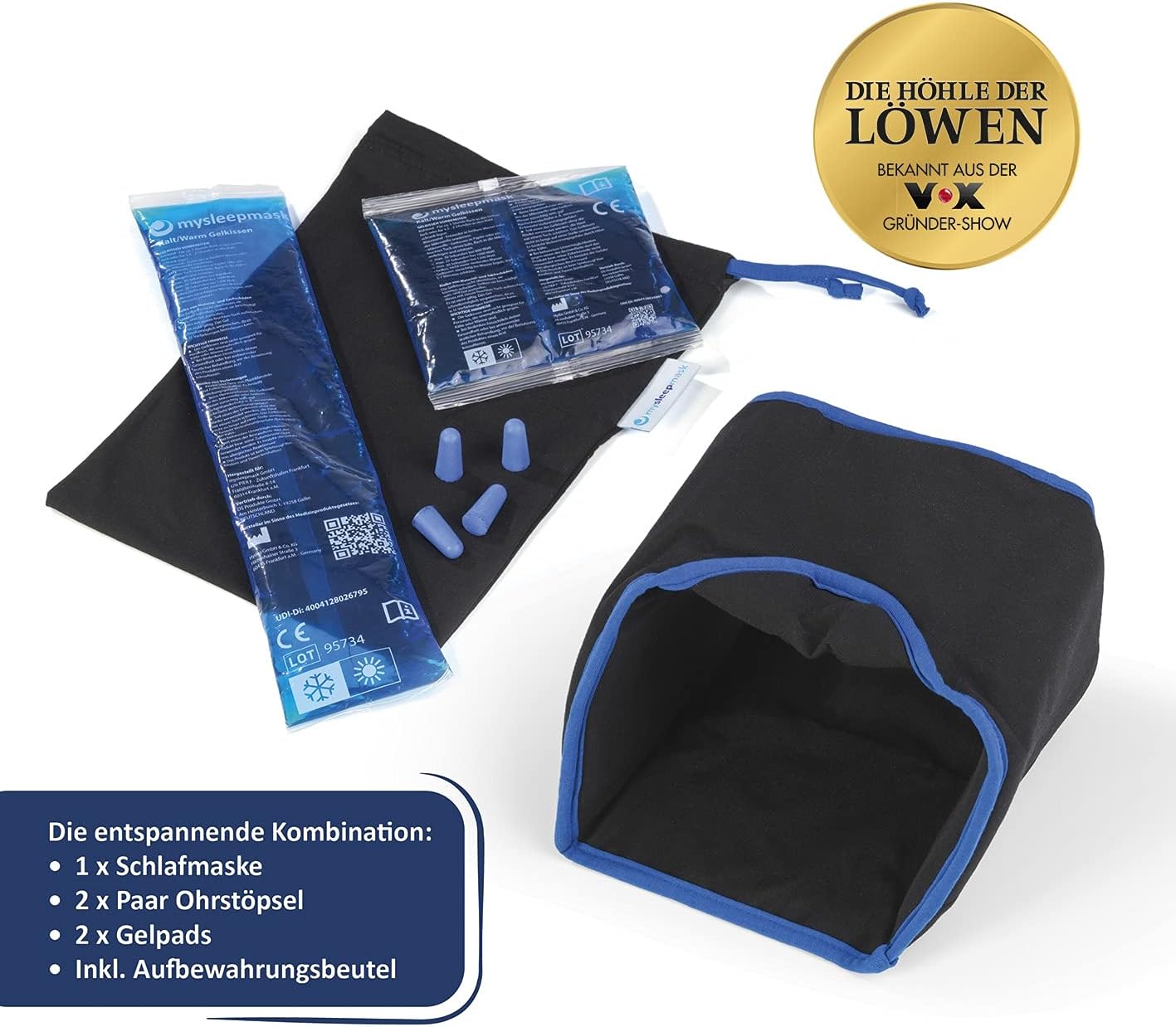Schlafmaske mit 2 Ohrstöpseln und 2 Gel-Pads, angenehme Bio-Baumwolle für absolute Ruhe und Dunkelheit, in Deutschland entwickelt, Kopfumfang ca. 54–58 cm, S/M – Bild 8