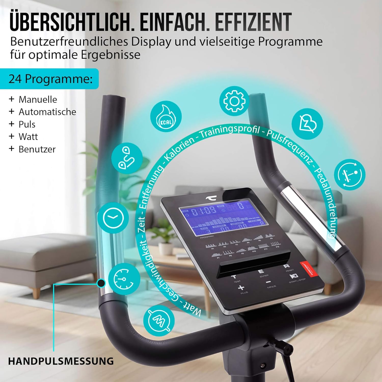 Christopeit Ergometer Heimtrainer Indoor Fahrrad ET 6 mit 24 Widerstandsstufen, bis 150 kg und 200 cm, 12 kg Magnetbremssystem, Kinomap, Bluetooth, Pulsmessung – Bild 4