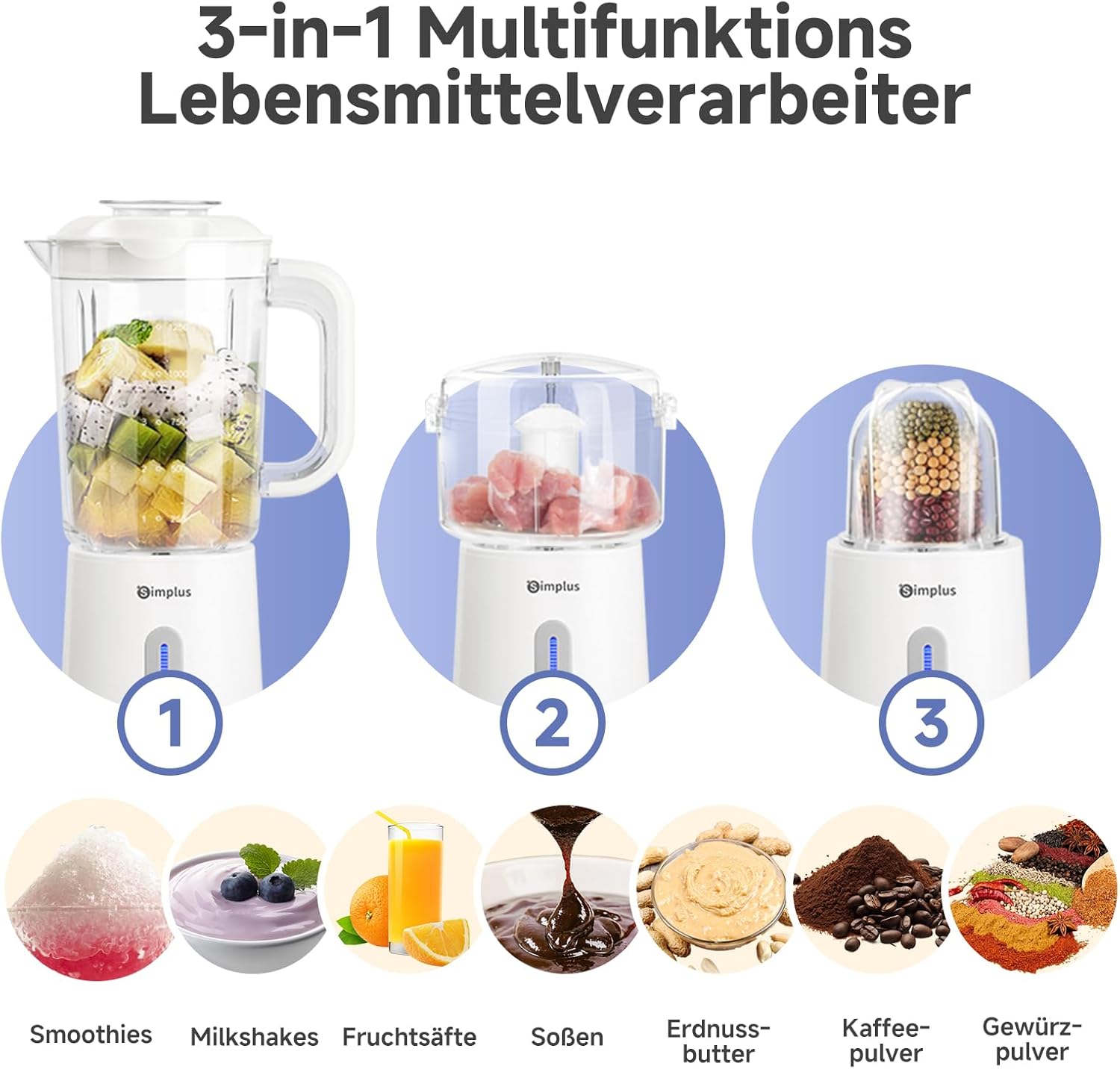 SIMPLUS 3-in-1-Standmixer & Smoothie-Maker mit 1,25-l-Rührbecher, 500-ml-Fleischwolf und 300-ml-Mahlbecher, 3 Geschwindigkeitsstufen mit Pulse-Funktion, Edelstahlmesser – Bild 2