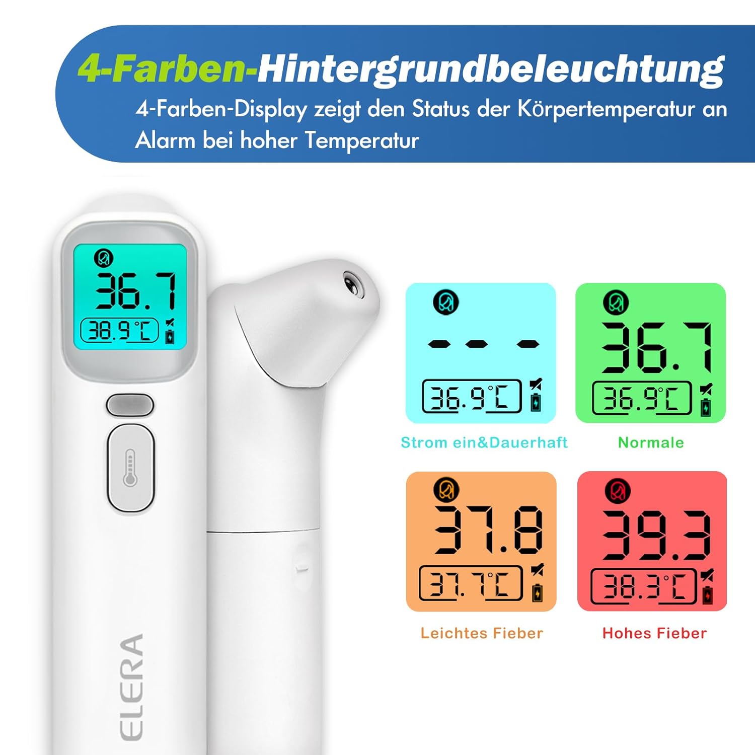 ELERA Fieberthermometer Ohr, Fieberthermometer berührungslos mit vier Messmodi und vierfarbiger Temperaturanzeige, Stirnthermometer Baby mit 1 Sekunde Messzeit und 40 Speicherfunktionen – Bild 4